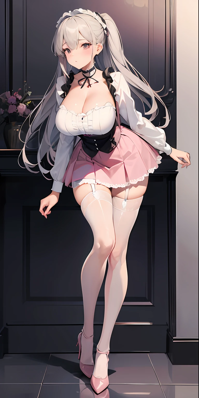 (masterpiece), best quality, perfect face, 1girl, mature woman, leaning forward, long grey hair, large breasts, hanging breasts, cleavage, narrow waist, lolita, ultra short skirt, choker, pink shirt, pink skirt, full body, white high heels, garters, lace stockings,long and slender legs, beautiful legs,erotic