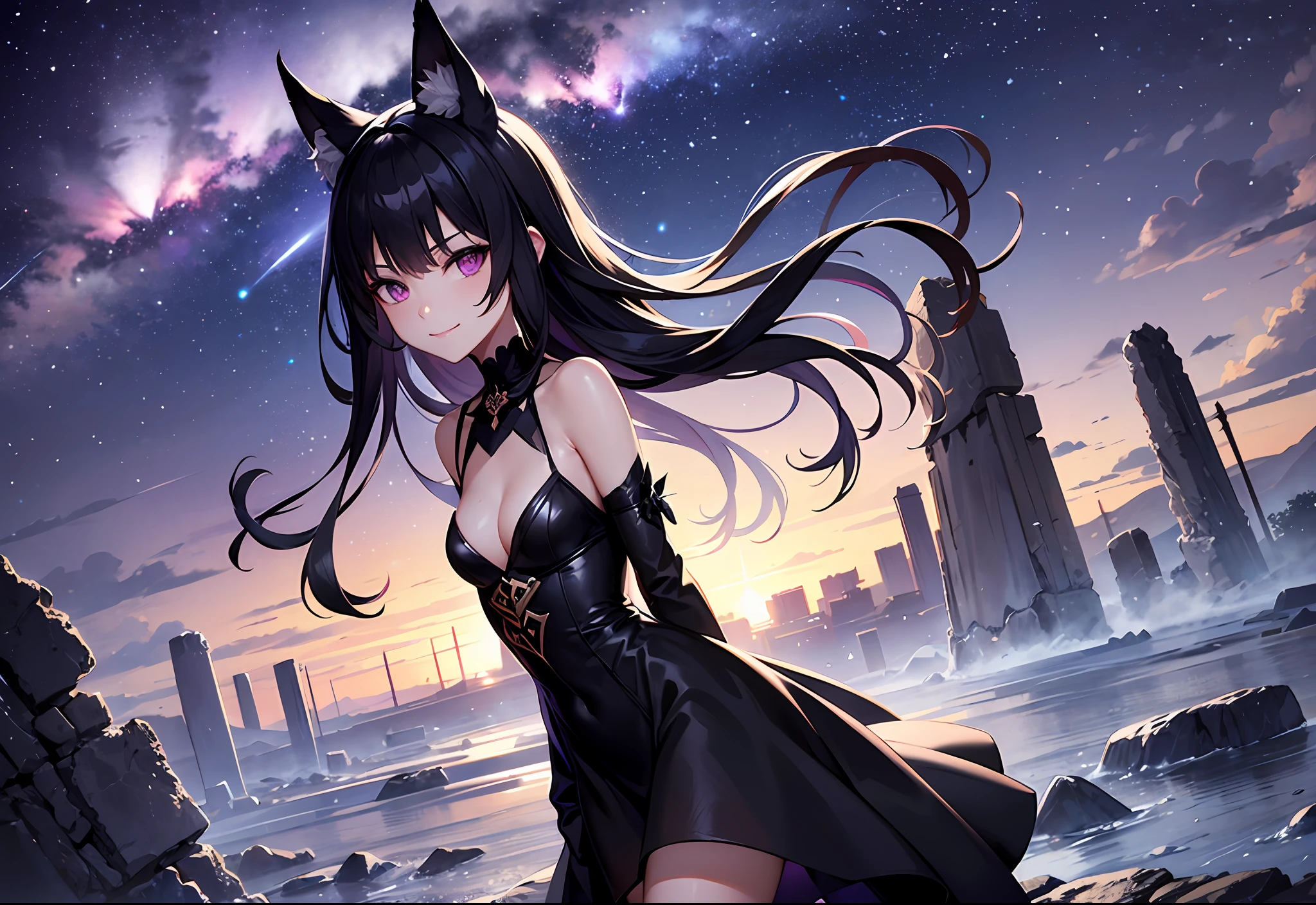 (medium portrait:0.7), (best illumination:1.1), (long black hair:1.1), (purple eyes:1.1), 1girl, ten girl, black fox-ears, black fox-tail, serious smile, (black dress with white details:1.2), small breasts, standing on stone ruins, purple starry sky in background