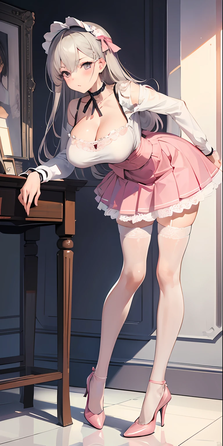 (masterpiece), best quality, perfect face, 1girl, mature woman, leaning forward, long grey hair, large breasts, hanging breasts, cleavage, narrow waist, lolita, ultra short skirt, choker, pink shirt, pink skirt, full body, white high heels, garters, lace stockings,long and slender legs, beautiful legs,erotic