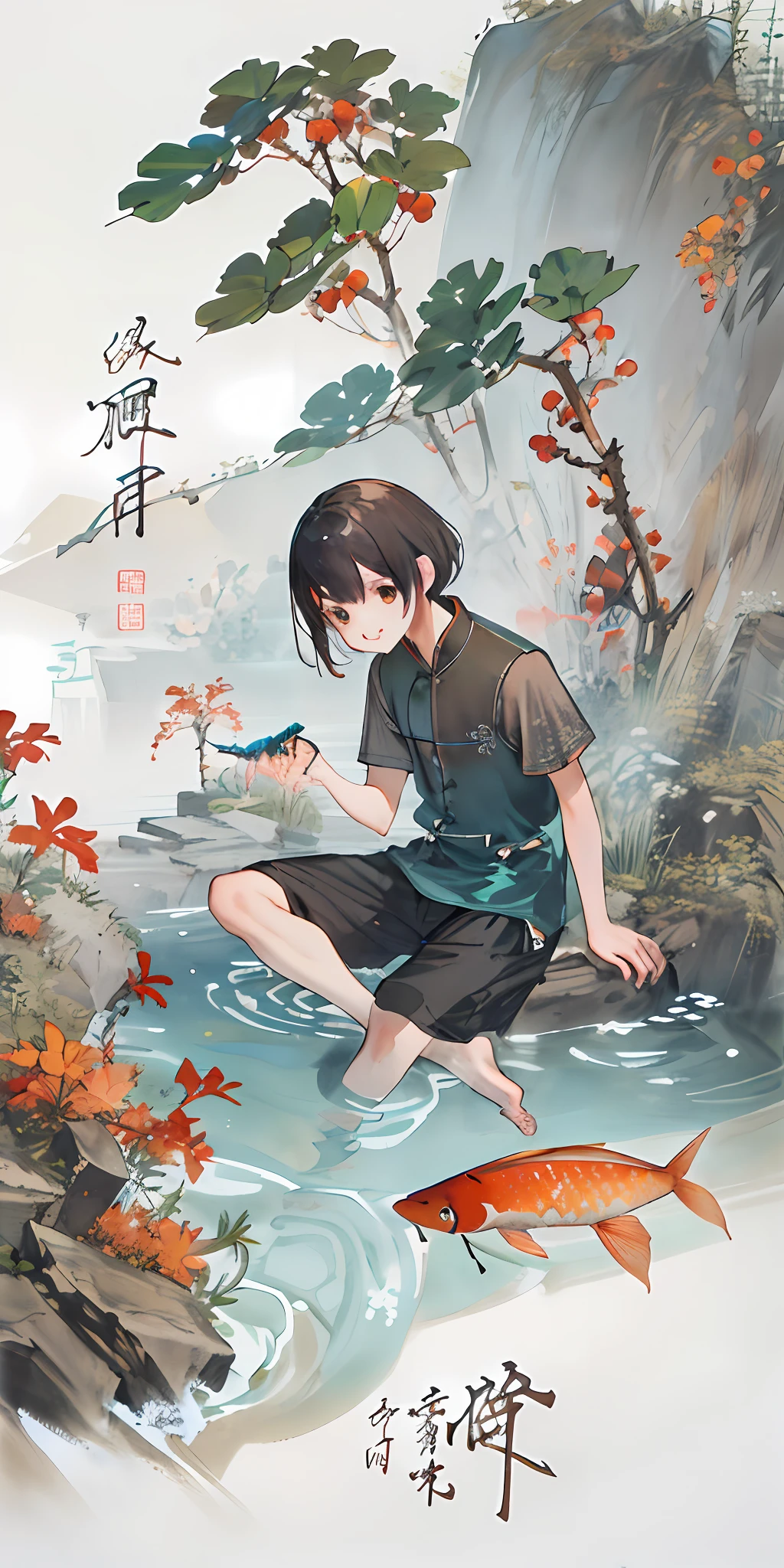 huaniao, [(white background:1.5)::5], mid shot, full body, chinese style, flowers,((fish)),stone fragment, beautiful detailed water,pool,