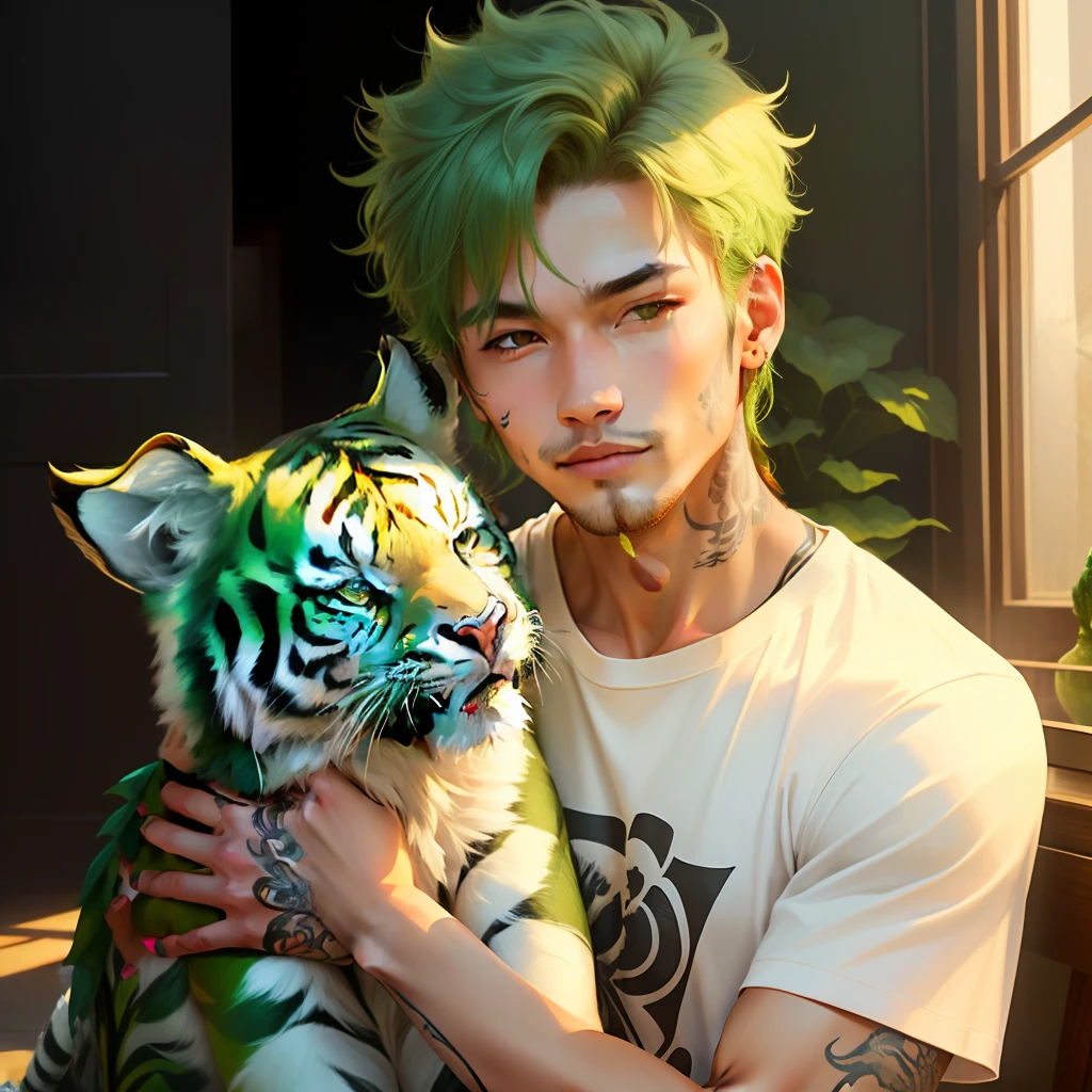 （of a guy）The body is tattooed with a green dragon and a right white tiger,