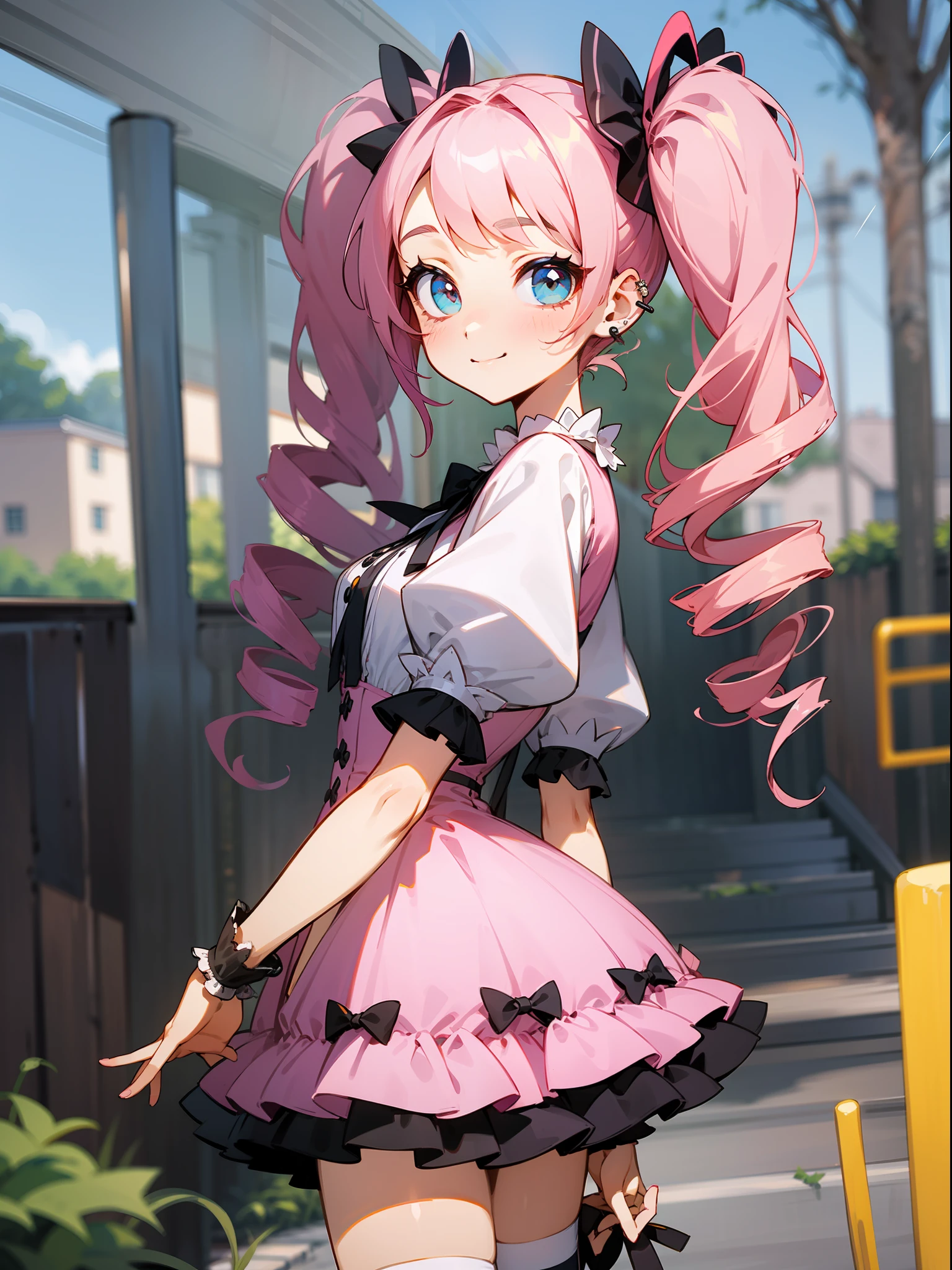 Masterpiece, hyper quality, Hyper Detailed, Perfect drawing,Hi-Res、1girll,((chibi)),smile、Loose and fluffy hair、(((drills twintails)))、A pink-haired、Big eyes with double eyelids、lofty nose、blusher(0.2)、small mouth、ear piercings、(((Lolita Fashion)))、Clothes with lots of lace and frills、Dresses in pastel colors、White or pink clothes、Premium Services、Luxury underwear、a miniskirt,knee high socks(:1.5),(garterbelts)、butt sticks out, Big round buttocks, blue-sky、Summer colors、Sunlight、Walking trail、Shooting from diagonally below, portlate、beatiful backgrounds, meticulous drawing, Accurate drawing、Perfect illustration、Perfect Beautiful Girl、high-class sense、