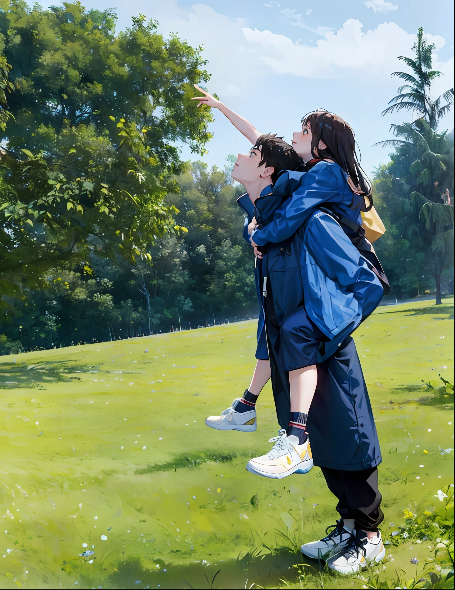 A boy carries a girl on his back,Boys have eyes,The girl has a hand pointing to the sky