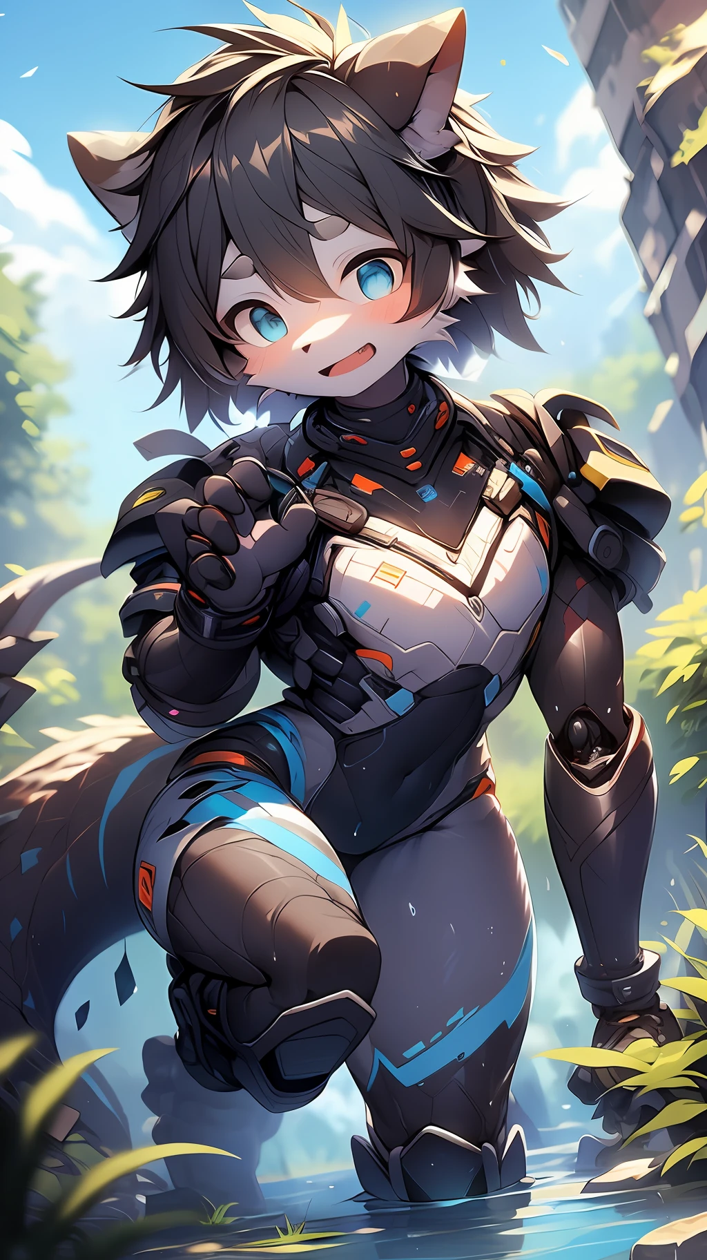 Dragons in mecha,bit girl,dark gray,Blue-and-black hair,eBlue eyes,adolable,Mechanical nanoskin,black reotard,black over-the-knee socks,full bodyesbian,nakeness,Shota,Stand where water meets sky,Black is the theme,emaciated,emaciated,is shy,8K quality,Extreme light and shadow