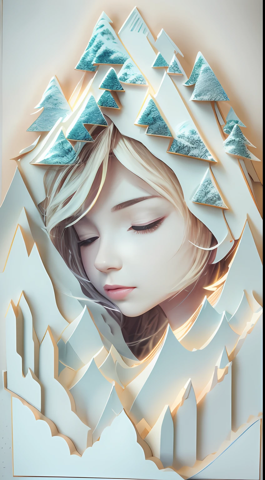 illustration: 1.3), paper art, 3D rendering of, snowy mountain background, (Beautiful side face，closing her eyes: 1.3), Colorful, Best quality, Detailed details, Masterpiece, offcial art, movie light effect, 4K, Chiaroscuro , Flash