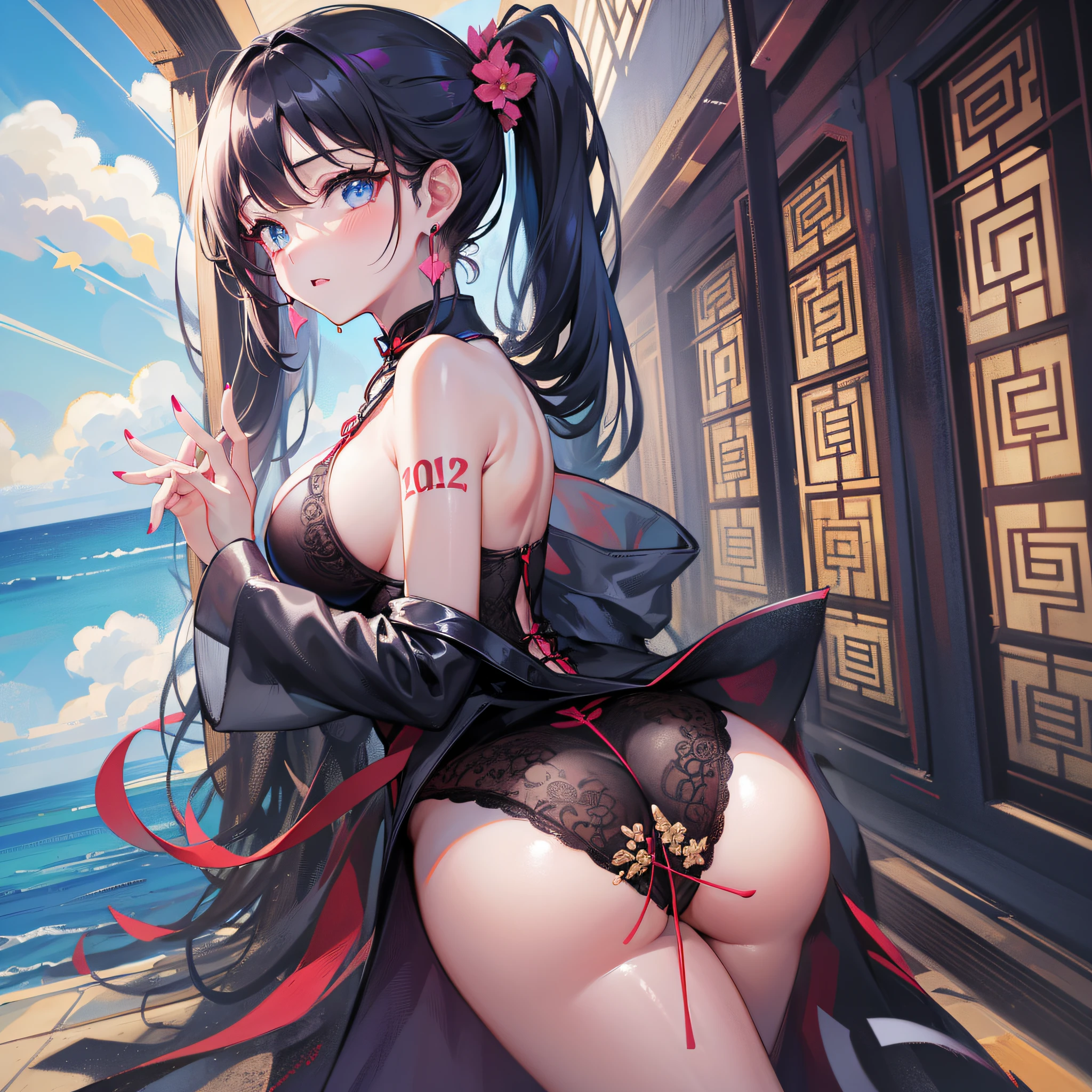 Seventh March, Seventh_Marchen, 1girll, 独奏, ((on cheongsam)),(cleanness:1.2), Fair thighs, nedium breasts,Bigboobs,There is a succubus tattoo on the chest, beachside ,Get wet, pony tails, Blue earrings,house, long whitr hair, looking at viewert, Short pink nails, Blue eyes, 独奏, upper legs, ((Black lace)),((tmasterpiece:1.1)), nameplate, ID tags, the sea, Be red in the face, A sexy pose, with hands behind her back