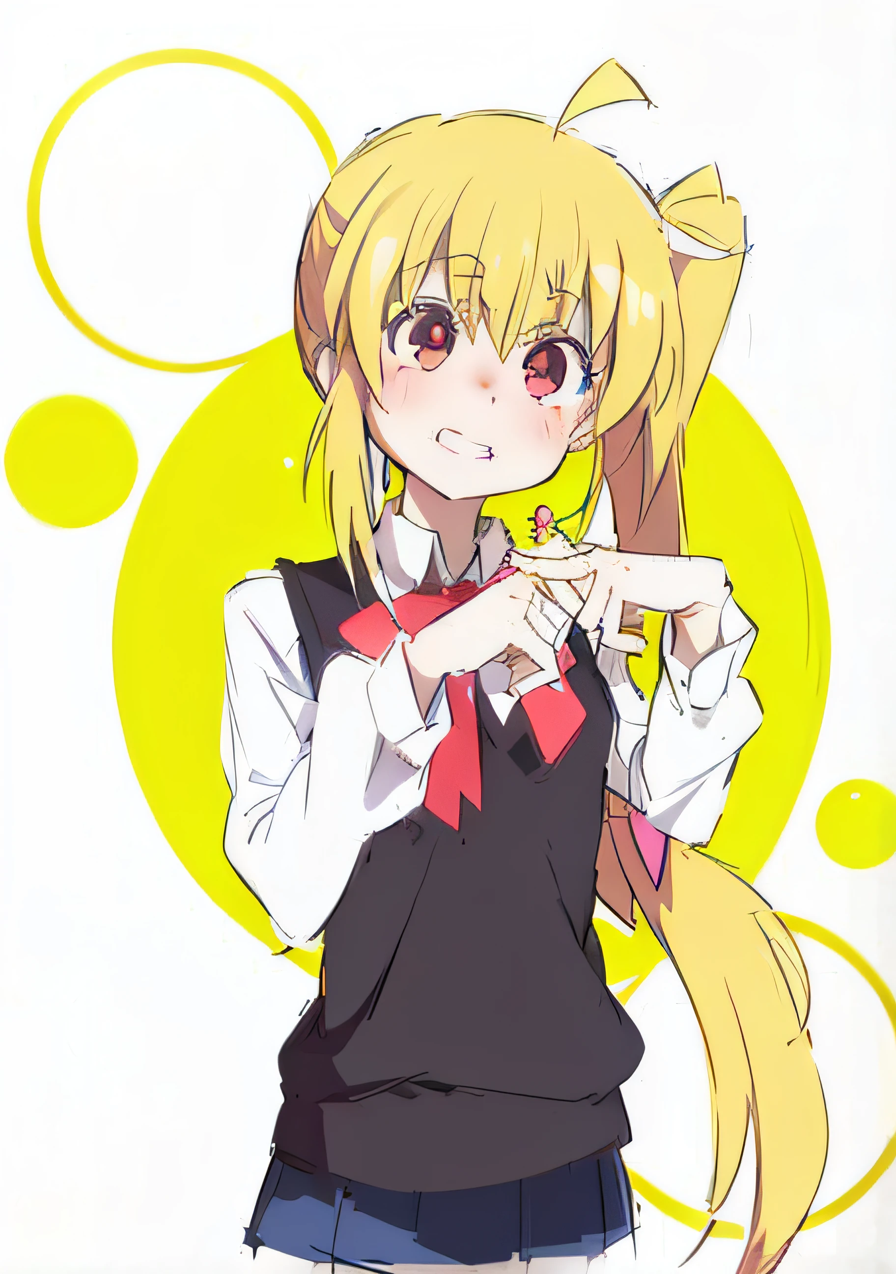 a close up of a person with long hair and a tie, anime moe artstyle, twintails, anime girl named lucy, anime best girl, anime visual of a cute girl, negao, rei hiroe, [[[[grinning evily]]]], rin, gapmoe yandere, in anime style, blonde anime girl with long hair --auto
