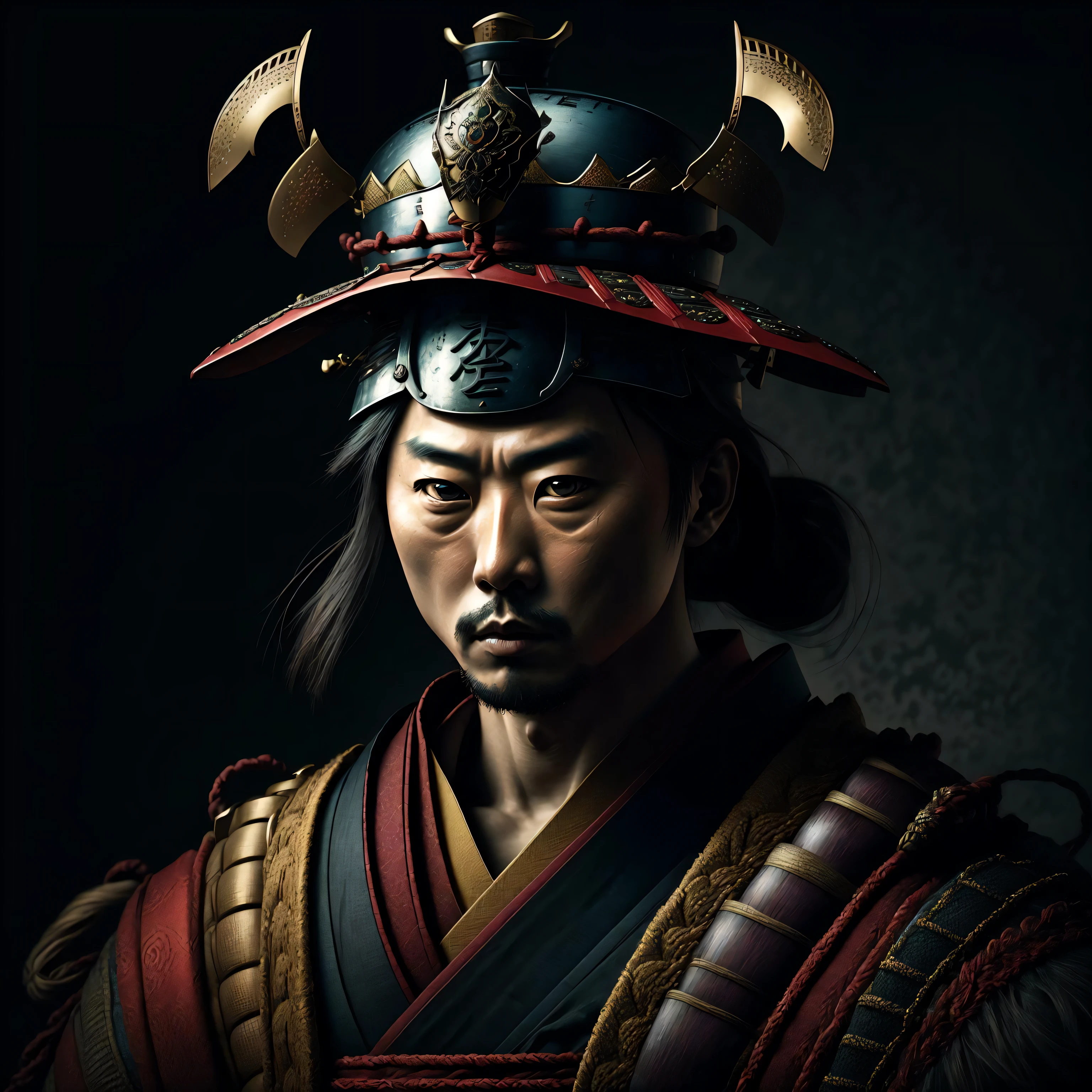 A ancient male samurai,
yang08k, photography, beautiful, black background, colorful,
masterpieces, top quality, best quality, official art, beautiful and aesthetic, realistic,