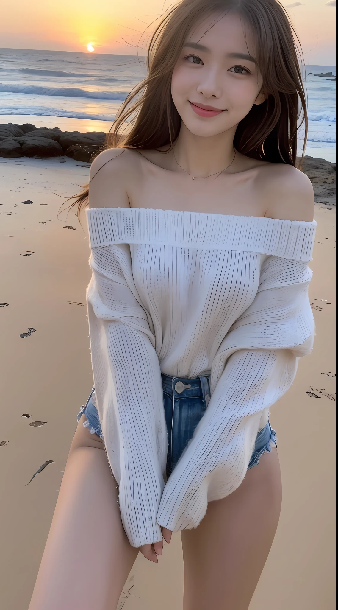 ((top-quality,8K,tmasterpiece:1.3)),Beautiful Women with Perfect Figure:1.4,Essential,hindquarters:1.2,((Layered Hair Style,nedium breasts:1.2)),(off-the-shoulder clothes:1.1),(the sunset,the ocean:1.3)Long legs,The protagonist,Smooth skin,Exposed legs,full bodyesbian,Smirk girl