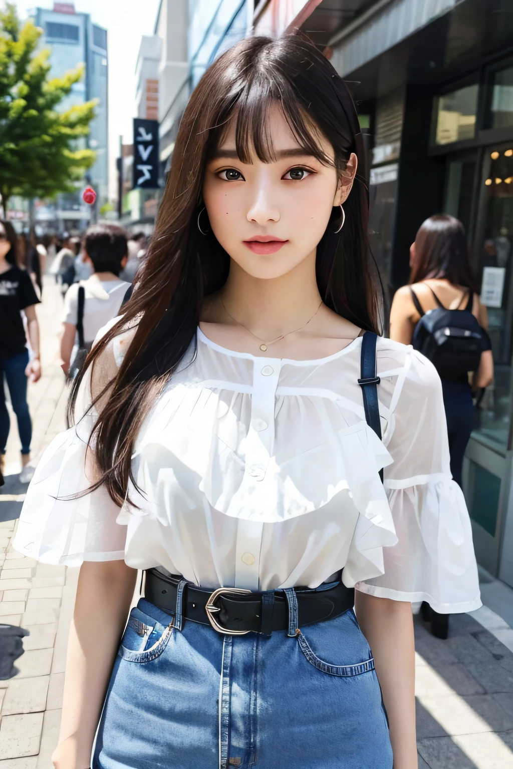 (8k, RAW photo, best quality, masterpiece: 1.2), ultra detail, super high resolution, (realistic, photo fidelity: 1.37), high detail RAW color photo, professional photo, a very delicate and beautiful, very detailed 8k wallpaper, amazing, fine details, huge file size, official art, extremely detailed CG Unity 8k wallpaper, extremely detailed beautiful girl, extremely detailed face, extremely detailed eyes, extremely fine skin, extremely detailed fingers, Extremely detailed nose, extremely detailed mouth, perfect anatomy, extremely detailed background, extremely complex background, extremely detailed clothing, 1girl, (18:1.2), teens, cute girl, famous Japanese idol, kawaii, realistic body, fair skin, shiny skin, slim figure, good figure, black hair, long straight hair, (blunt bangs: 1.2), smile, cute, young, cute face, pretty face, realistic face, small face, beautiful and delicate eyes, drooping eyes, beautiful big eyes, big black eyes, beautiful clear eyes, (frilled shirt: 1.2), short sleeves, skirt, belt, necklace, earrings, look at the audience, (denim lens: 1.2), front view, standing pose, opposite, outdoor, (daytime: 1.2), cityscape, depth, tokyo, street, professional lighting,