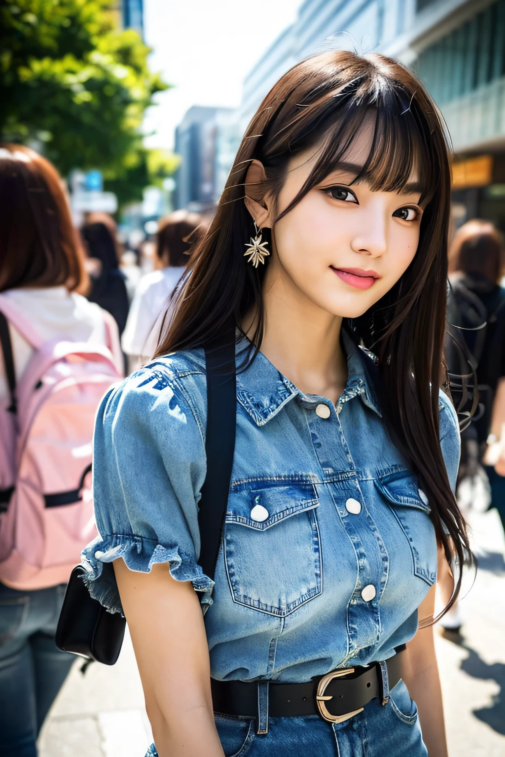 (8k, RAW photo, best quality, masterpiece: 1.2), ultra detail, super high resolution, (realistic, photo fidelity: 1.37), high detail RAW color photo, professional photo, a very delicate and beautiful, very detailed 8k wallpaper, amazing, fine details, huge file size, official art, extremely detailed CG Unity 8k wallpaper, extremely detailed beautiful girl, extremely detailed face, extremely detailed eyes, extremely fine skin, extremely detailed fingers, Extremely detailed nose, extremely detailed mouth, perfect anatomy, extremely detailed background, extremely complex background, extremely detailed clothing, 1girl, (18:1.2), teens, cute girl, famous Japanese idol, kawaii, realistic body, fair skin, shiny skin, slim figure, good figure, black hair, long straight hair, (blunt bangs: 1.2), smile, cute, young, cute face, pretty face, realistic face, small face, beautiful and delicate eyes, drooping eyes, beautiful big eyes, big black eyes, beautiful clear eyes, (frilled shirt: 1.2), short sleeves, skirt, belt, necklace, earrings, look at the audience, (denim lens: 1.2), front view, standing pose, opposite, outdoor, (daytime: 1.2), cityscape, depth, tokyo, street, professional lighting,