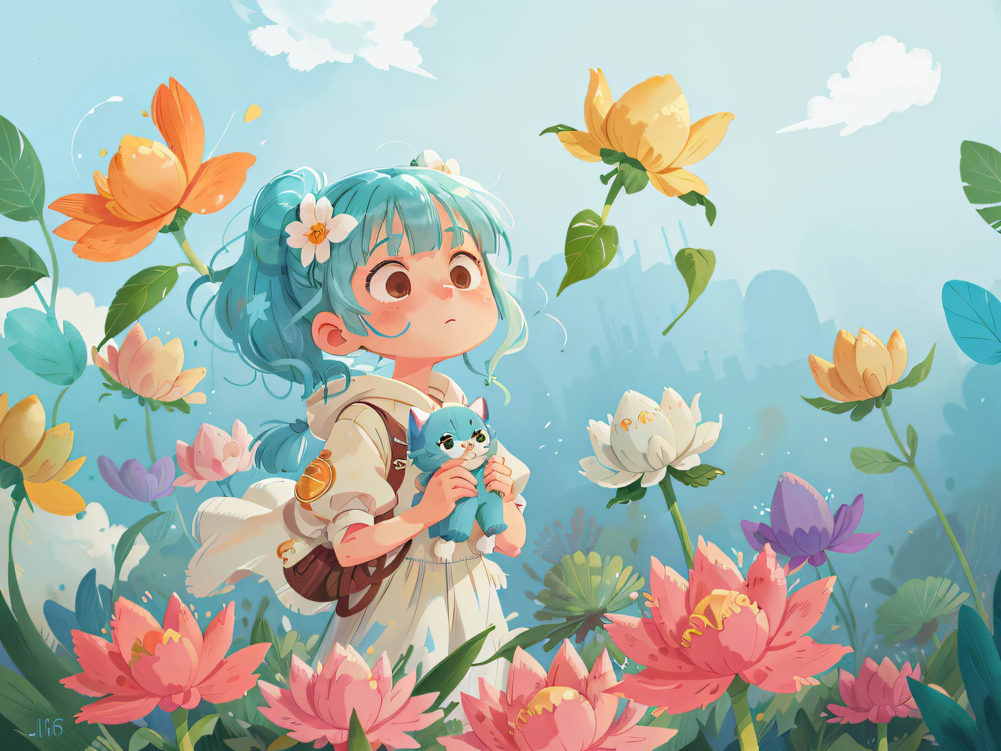 (masterpiece), (best quality), (ultra detailed),(disheveled hair),(illustration), (1girl holding 1white cat), (Fashionable clothing), standing, Fashion model, looking at viewer, (interview), (simple background),beautiful detailed eyes, delicate beautiful face, Floating,(high saturation),(colorful splashes),colorful bubble,(shining), focus on face, ponytail, kamisato ayaka, light blue hair, bangs, hair ring, floating flowers, floating hairs, (shining), best lighting, best shadow,