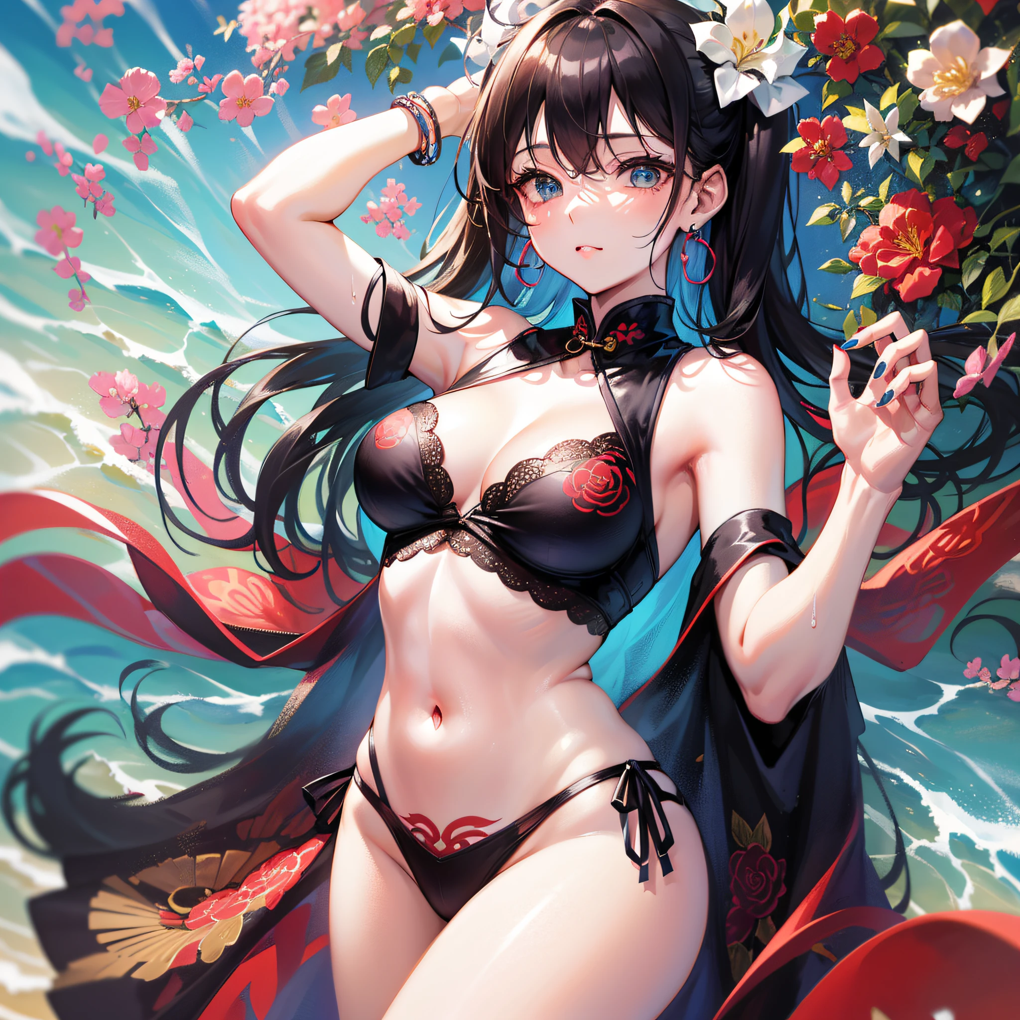 Seventh March， Seventh_Marchen， 1girll， 独奏， （（on cheongsam）），The cheongsam has exquisite carvings，（cleanness：1.2）， Fair thighs， beachside ，Get wet， pony tails， Blue earrings，house， long whitr hair， looking at viewert， Short pink nails， Blue eyes， 独奏， upper legs， （（Black lace）），（（tmasterpiece：1.1））， nameplate， ID tags， the sea， Be red in the face， A sexy pose， with hands behind her back