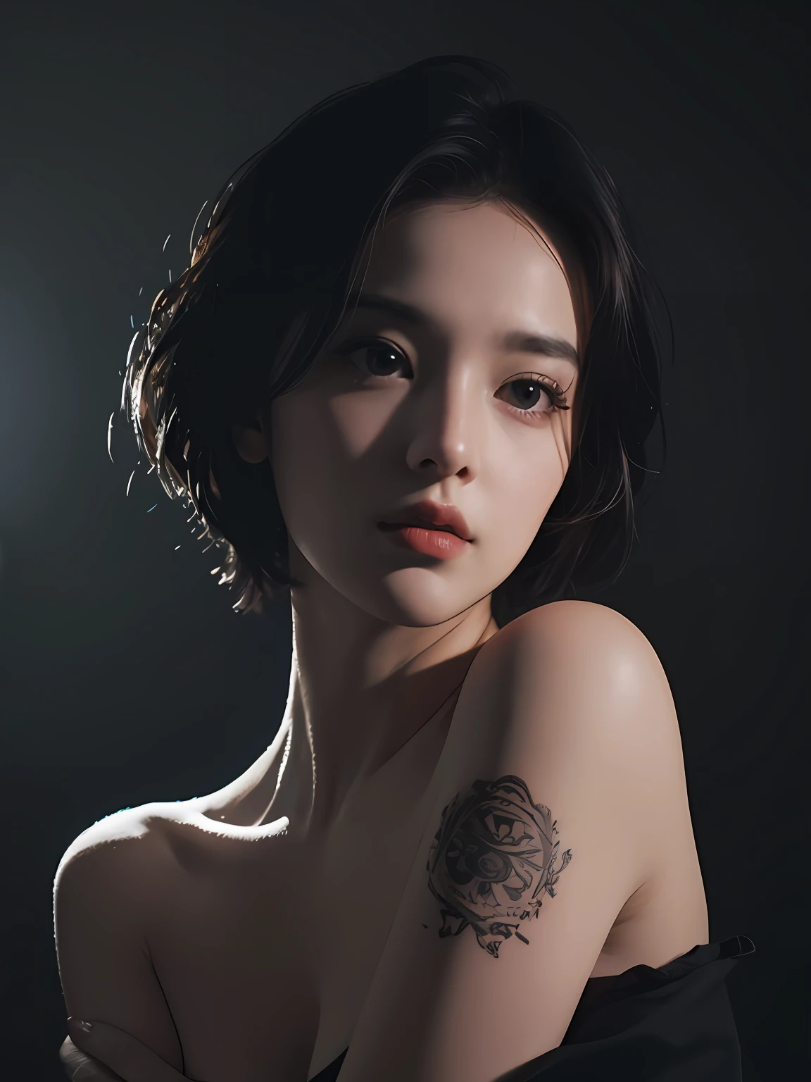 Best quality, masterpiece, ultra high res, (photorealistic:1.5), raw photo, 1girl, offshoulder, tattoed body, in the dark, deep shadow, low key, cold light, sexy look, short hair