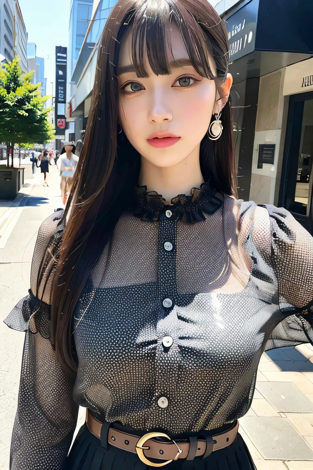 (8k, RAW photo, best quality, masterpiece:1.2), ultra detailed, ultra high res,
(realistic, photo realistic:1.37), high detail RAW color photo, professional photograph,
an extremely delicate and beautiful, extremely detailed, 8k wallpaper, Amazing, finely detail, huge file size, official art, extremely detailed CG unity 8k wallpaper,
extremely detailed beautiful girl, extremely detailed face, extremely detailed eyes, extremely detailed skin, extremely detailed fingers, extremely detailed nose, extremely detailed mouth, perfect anatomy, highly detailed background, highly intricate background, extremely detailed clothing,
1girl, (18 years old:1.2), teenage, cute girl, famous japanese idol, kawaii,
realistic body,
fair skin, shiny skin, slender body, good figure,
black hair, long straight hair, (blunt bangs:1.2),
smile, cute, young, cute face, pretty face, realistic face, small face,
beautifully detailed eyes, drooping eyes, beautiful big eyes, large dark eyes, beautiful and clear eyes,
(frill blouse:1.2), short sleeve, skirt, belt, necklace, earrings,
looking at viewer, (cowboy shot:1.2), front view, standing posture, contrapposto,
outdoors, (daytime:1.2), cityscape, depth, Tokyo, street,
professional lighting,