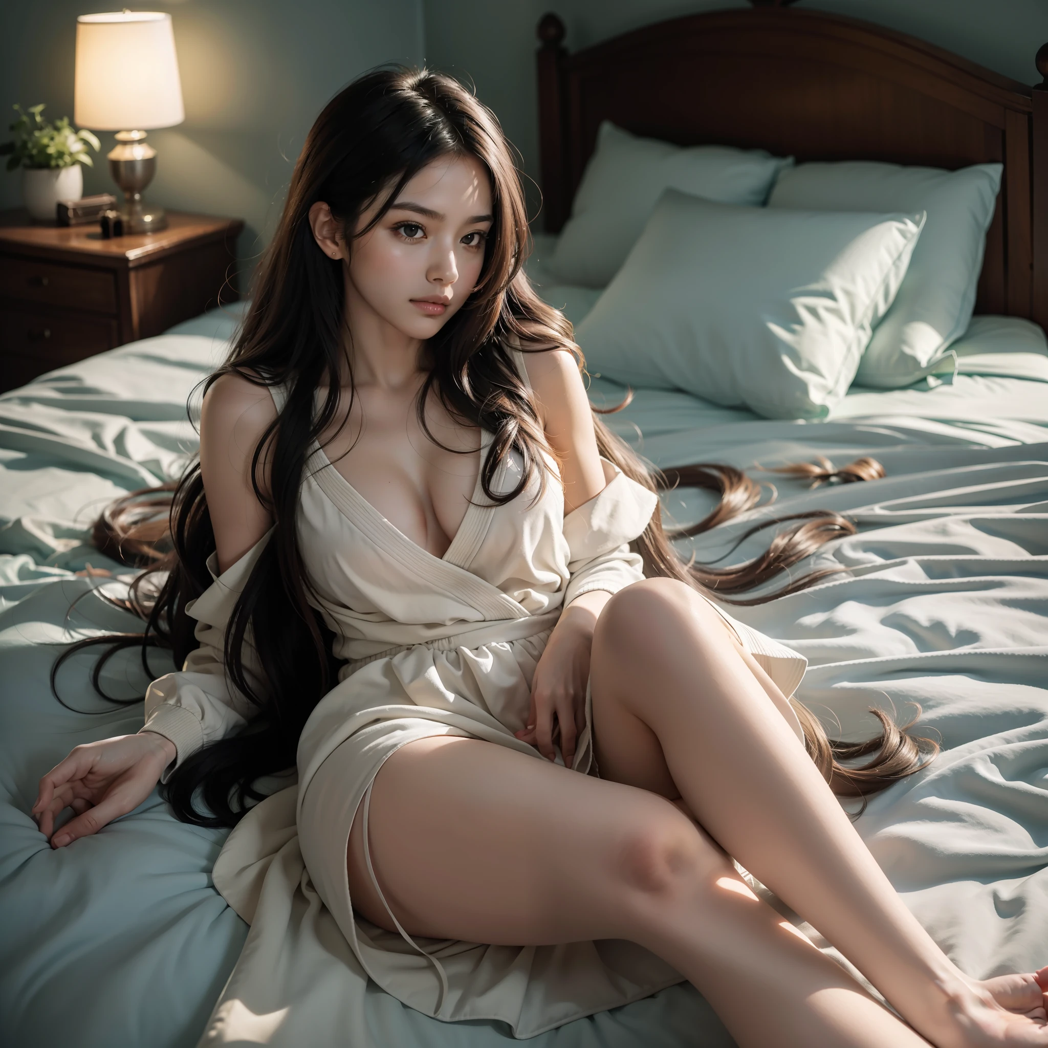 A woman with wavy hair lying down on a bed, bed, relaxation, serene pose, daytime, cozy bedroom, tranquil background, realistic art style, full body, hand-drawn illustration, highly detailed, peaceful composition, optimized colors palette, color harmony, natural lighting, optimized dark and light color combinations, gentle line work, optimized color effects, calm, best quality, high resolution, sharp focus, relaxed demeanor, centered.