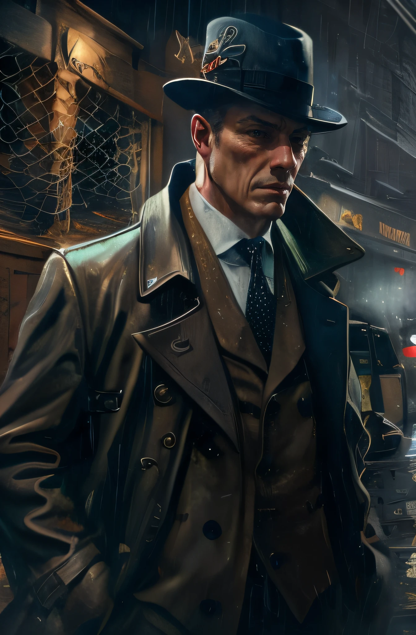 Gustav do painting style, detective clothes（wind coat：1.1）And realistic illustration of hat, Night in the city of Victorian London, epic lighting, cinmatic lighting, A high resolution, （detailled image：1）, insanely details, （highly detailed：1.2）, Mafia in the 1920s, Trench coat and top hat, Realistic oil painting style, Printmaking style, Fog and heavy rain, Rundown town, Street lights, narrow road, Stretch forward, Suffocating, scary style, Suspense style, Detective novel style, mafia style, mysterious, Deep, Dark, fantasy, film grain, chiaroscuro, projected inset, Sony FE GM, American propaganda poster, Carl Larsson, award winning, best quality, high details, textured skin, anatomically correct, ccurate