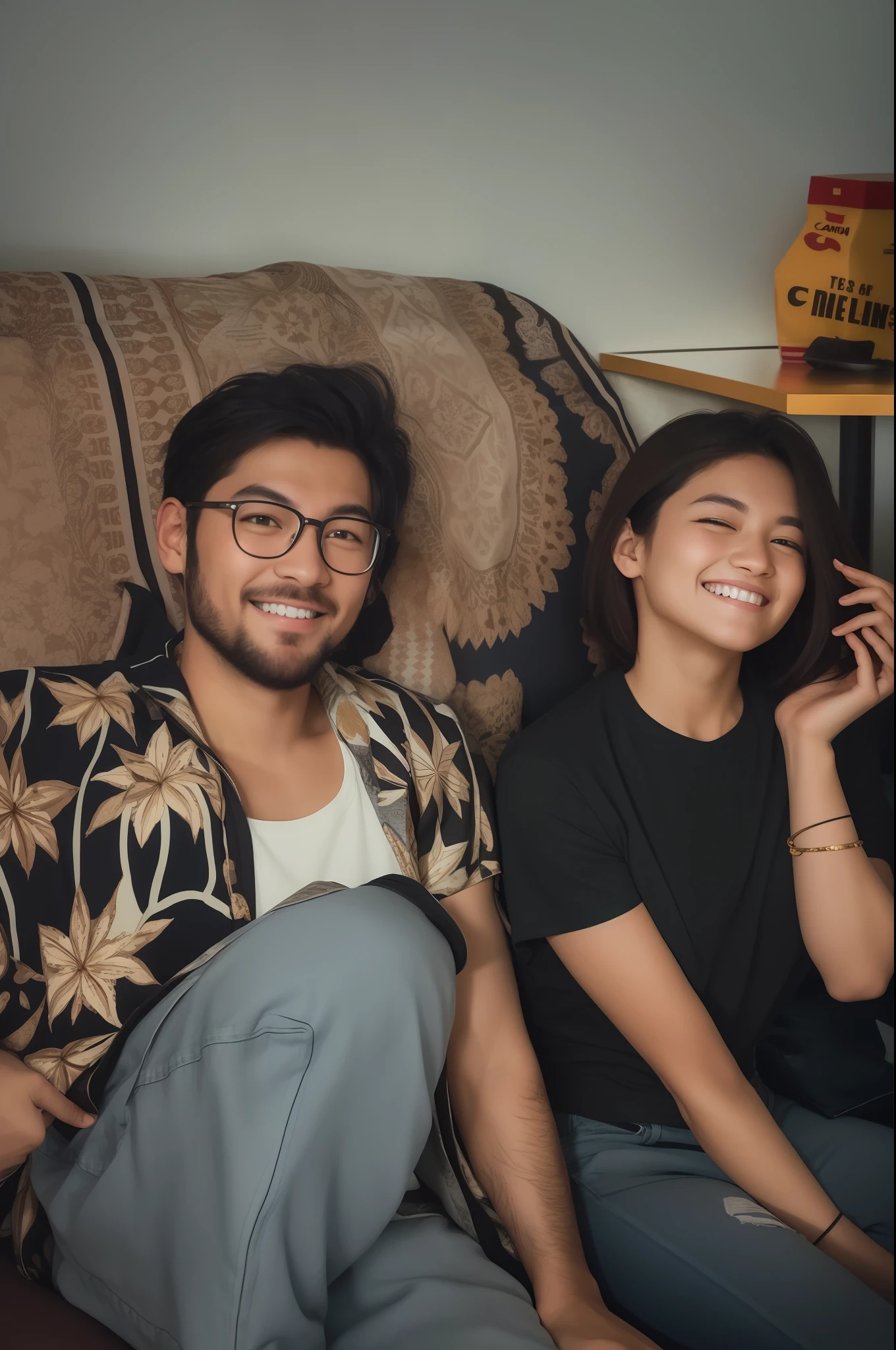 they are sitting on a couch together and smiling for the camera, taken with canon 5d mk4, taken with canon eos 5 d mark iv, shot on canon eos r5, shot on canon eos r 5, taken with sony alpha 9, shot on sony a 7, candid picture, shot on nikon z9, captured on canon eos r 6