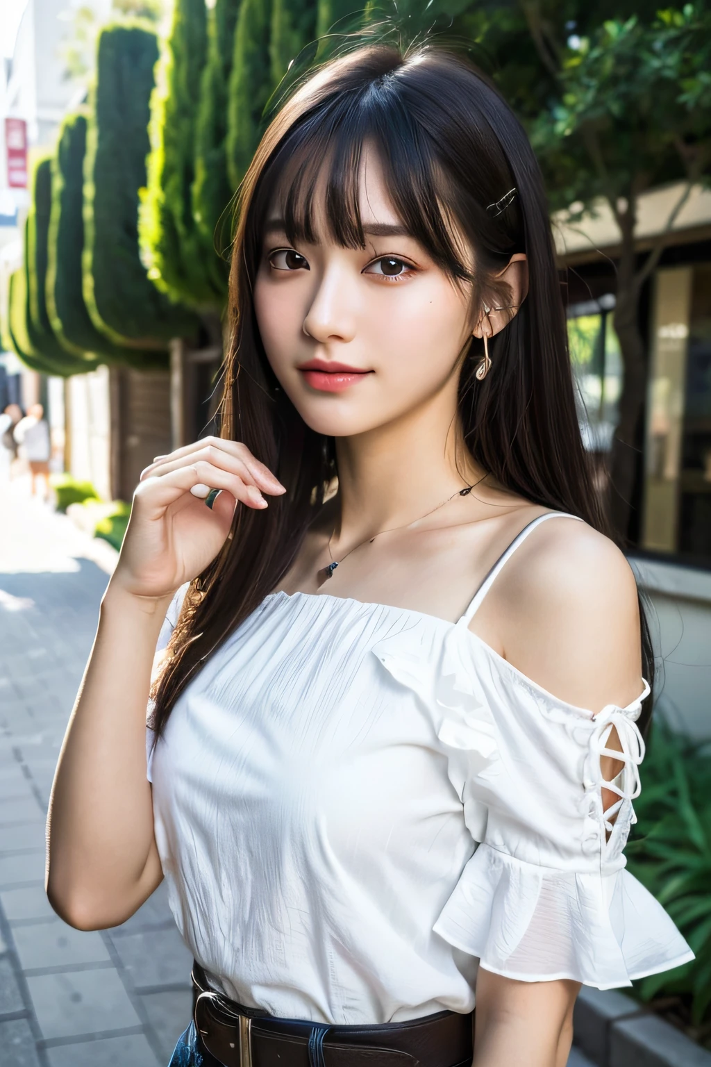 (8k, RAW photo, best quality, masterpiece:1.2), ultra detailed, ultra high res,
(realistic, photo realistic:1.37), high detail RAW color photo, professional photograph,
an extremely delicate and beautiful, extremely detailed, 8k wallpaper, Amazing, finely detail, huge file size, official art, extremely detailed CG unity 8k wallpaper,
extremely detailed beautiful girl, extremely detailed face, extremely detailed eyes, extremely detailed skin, extremely detailed fingers, extremely detailed nose, extremely detailed mouth, perfect anatomy, highly detailed background, highly intricate background, extremely detailed clothing,
1girl, (18 years old:1.2), teenage, cute girl, famous japanese idol, kawaii,
realistic body,
fair skin, shiny skin, slender body, good figure,
black hair, long straight hair, (blunt bangs:1.2),
smile, cute, young, cute face, pretty face, realistic face, small face,
beautifully detailed eyes, drooping eyes, beautiful big eyes, large dark eyes, beautiful and clear eyes,
(frill blouse:1.2), short sleeve, skirt, belt, necklace, earrings,
looking at viewer, (cowboy shot:1.2), front view, standing posture, contrapposto,
outdoors, (daytime:1.2), cityscape, depth, Tokyo, street,
professional lighting,