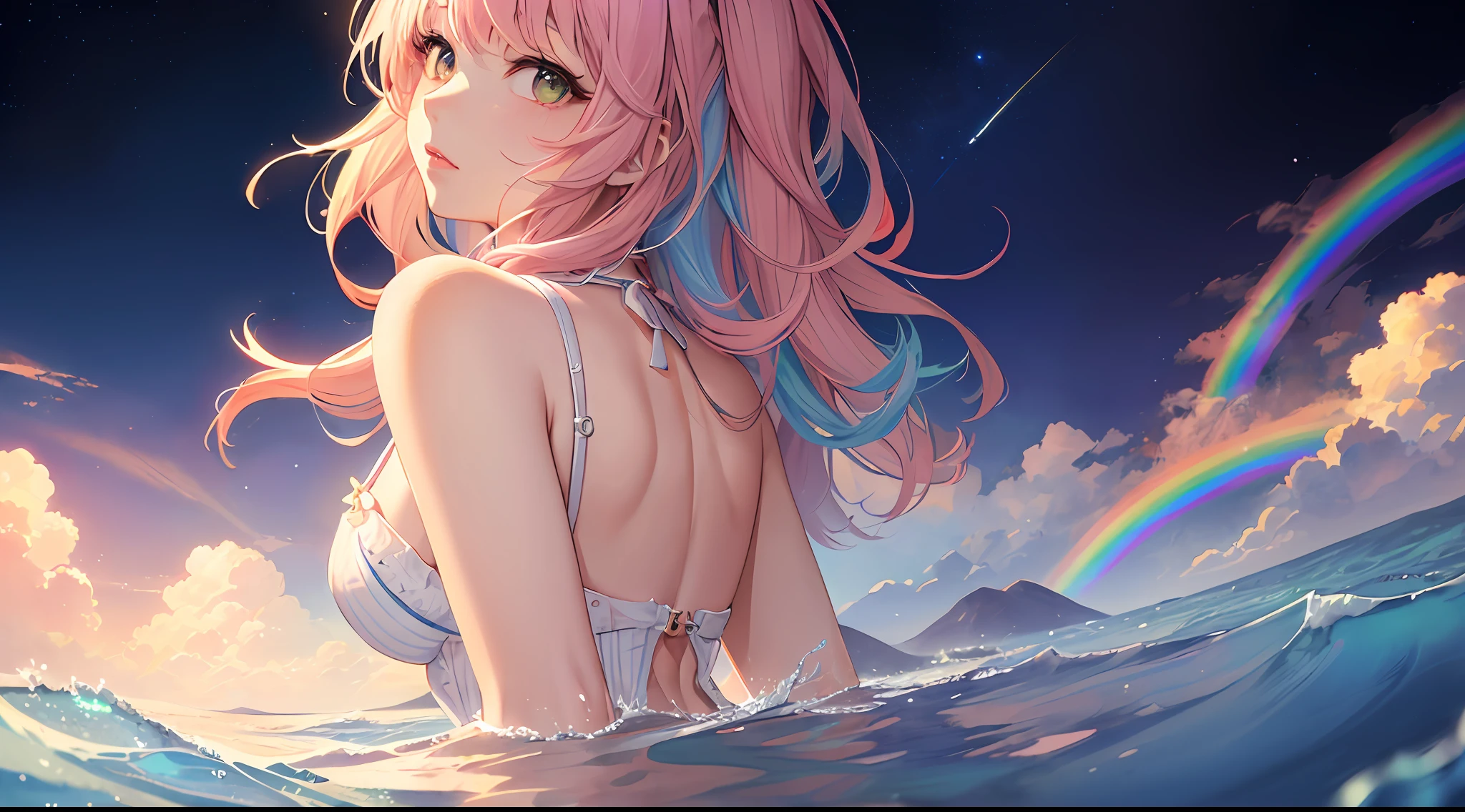 (masterpiece, top quality, best quality,watercolor (medium),official art, beautiful and aesthetic:1.2),(1girl:1.3), (fractal art:1.3),upper body, from side, looking at viewer,patterns,(rainbow color Hair,colorful hair,half blue and half pink hair:1.2),water,liquid, cloud,colorful, starry,stars, --auto