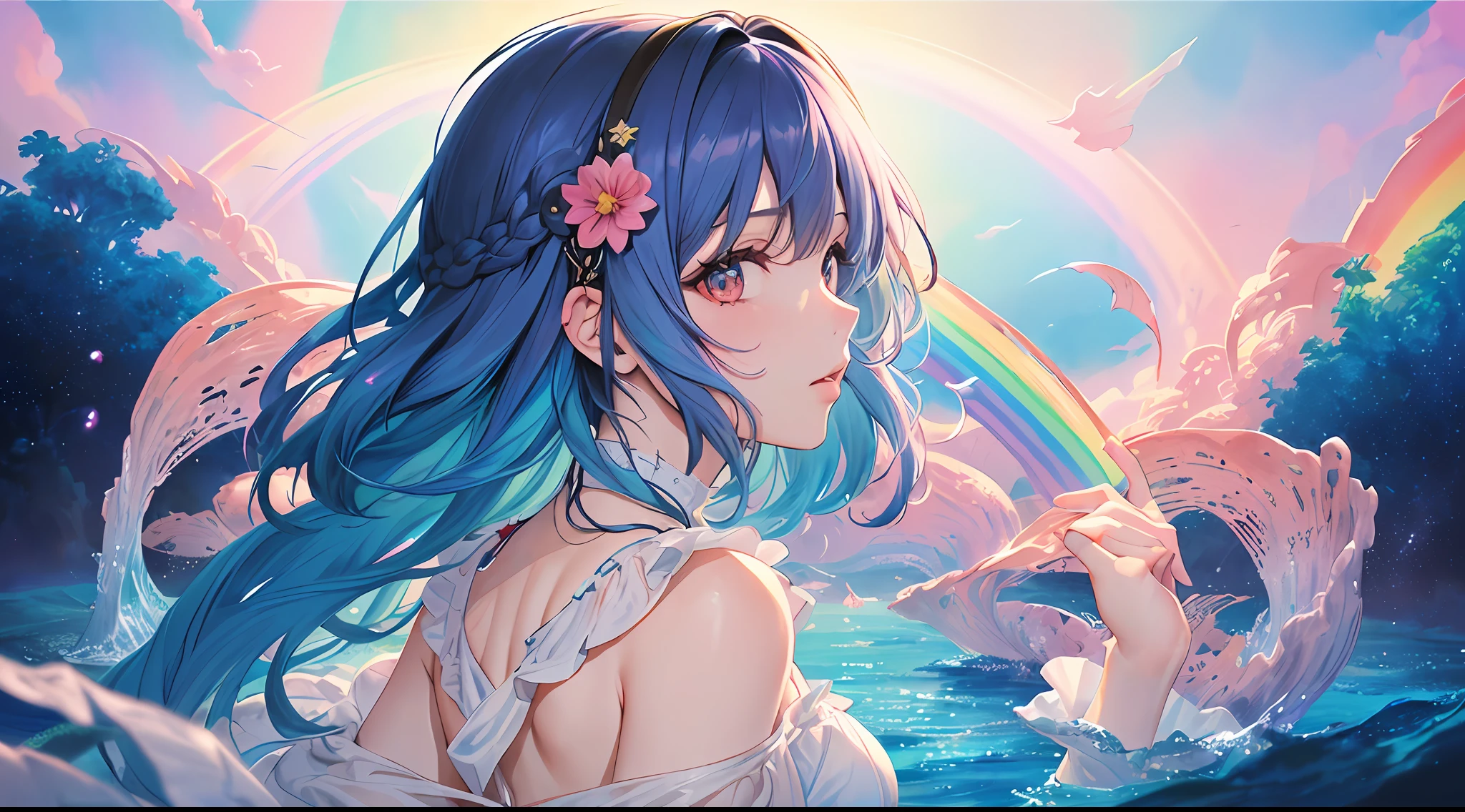 (masterpiece, top quality, best quality,watercolor (medium),official art, beautiful and aesthetic:1.2),(1girl:1.3), (fractal art:1.3),upper body, from side, looking at viewer,patterns,(rainbow color Hair,colorful hair,half blue and half pink hair:1.2),water,liquid, cloud,colorful, starry,stars, --auto
