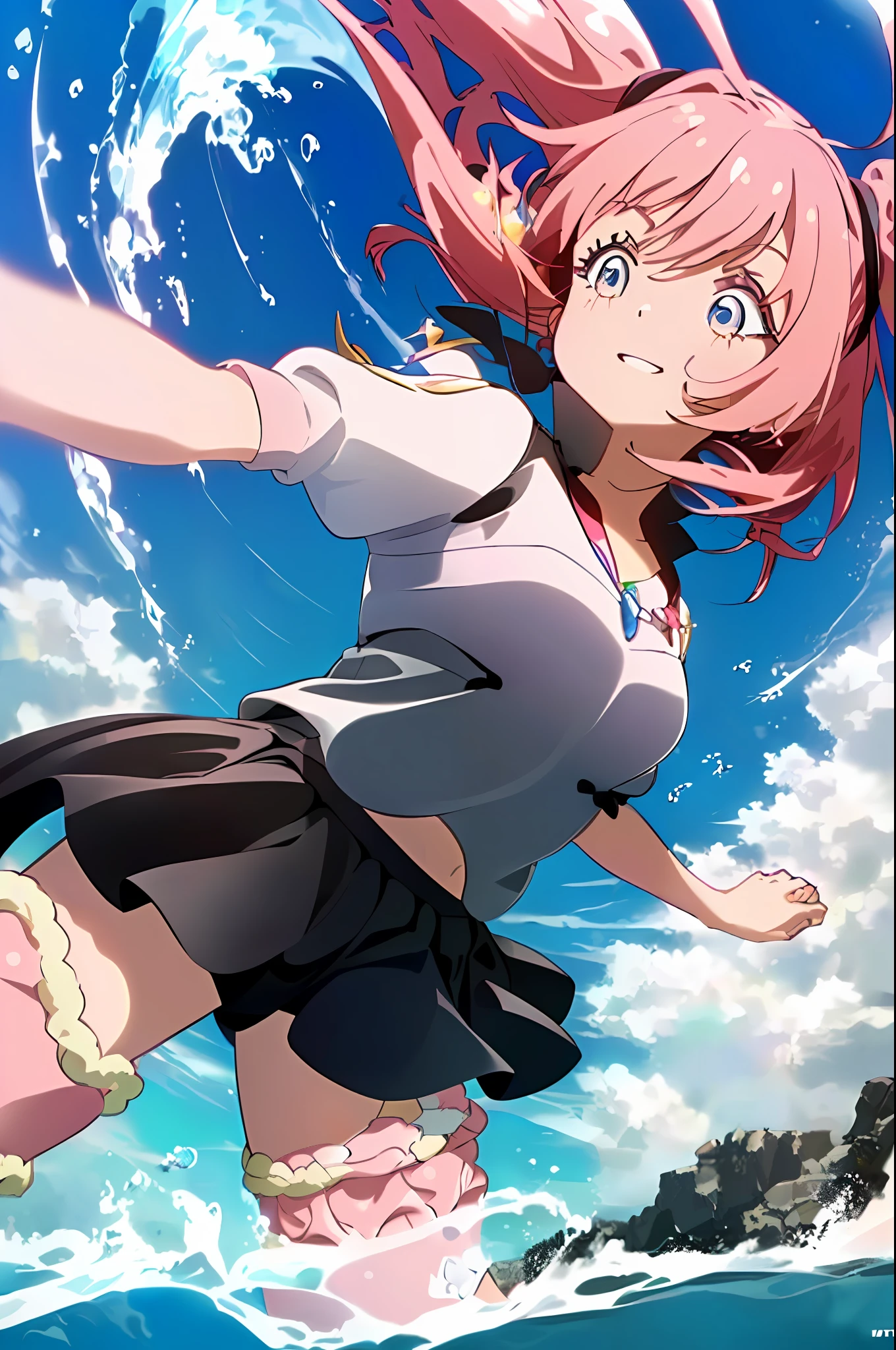 (Masterpiece: 1.4), (Best quality: 1.3), (Illustration: 1.1), (1 girl: 1.3), (Beautiful detailed sky: 1.1), Ultra detailed, (Messy hair: 1.2), (Beautiful detail eyes: 1.05), (Movie light: 1.1), pink hair, long hair, messy curls, ahog, wet, white shirt unbuttoned, ((pink hot skirt)), ocean, fish, coral reef, [[sunlight]], shells, no feelings, in the water, Glowing pink particles, Ultra HD, HDR, 8K, (Masterpiece: 1.5), (Best quality: 1.5), Bright tones