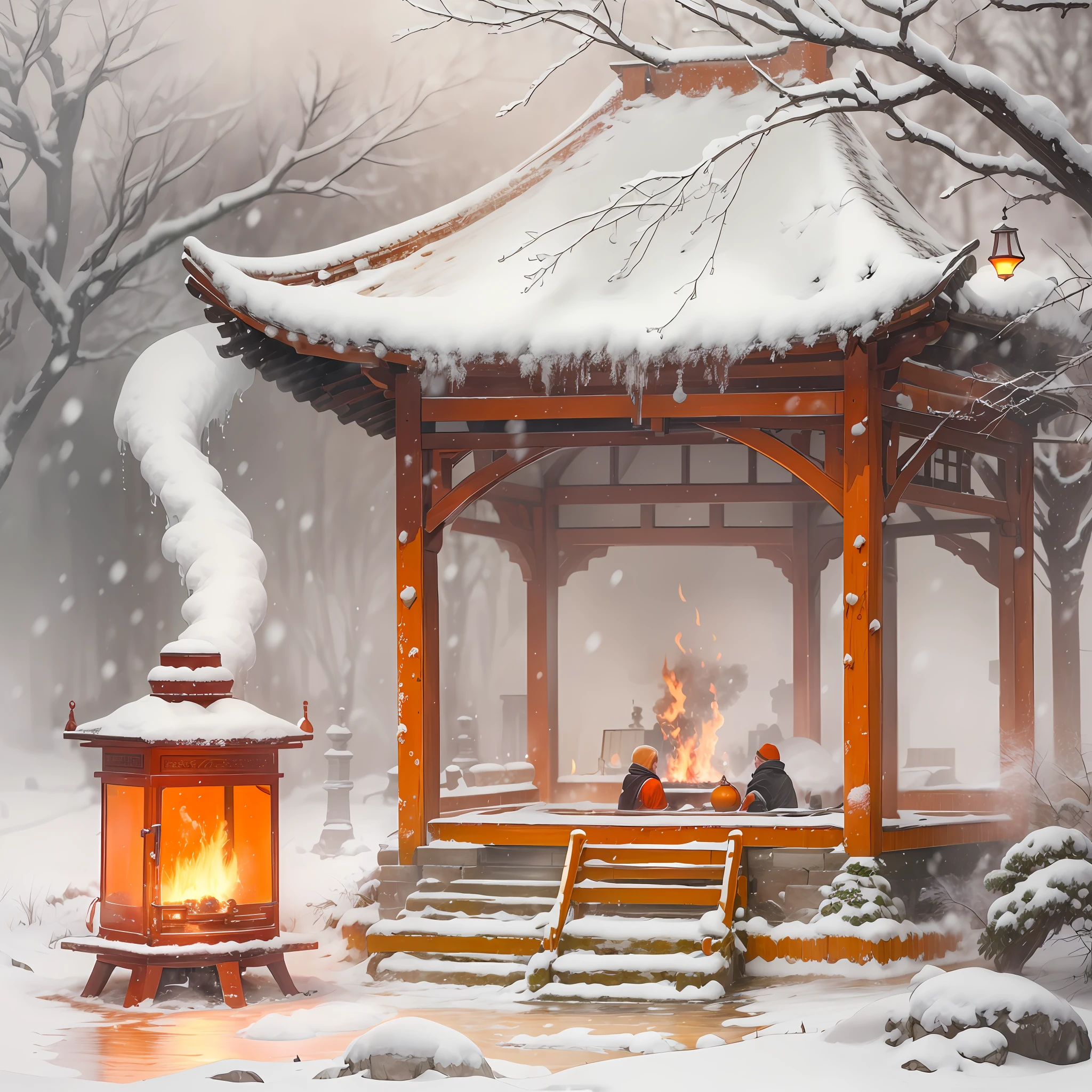 Snowy days in the Long Pavilion， The two sat opposite each other，Drinking tea， Boil snow on a red stove , The fire was raging, The fire is warm, Next to the long pavilion is placed orange lanterns