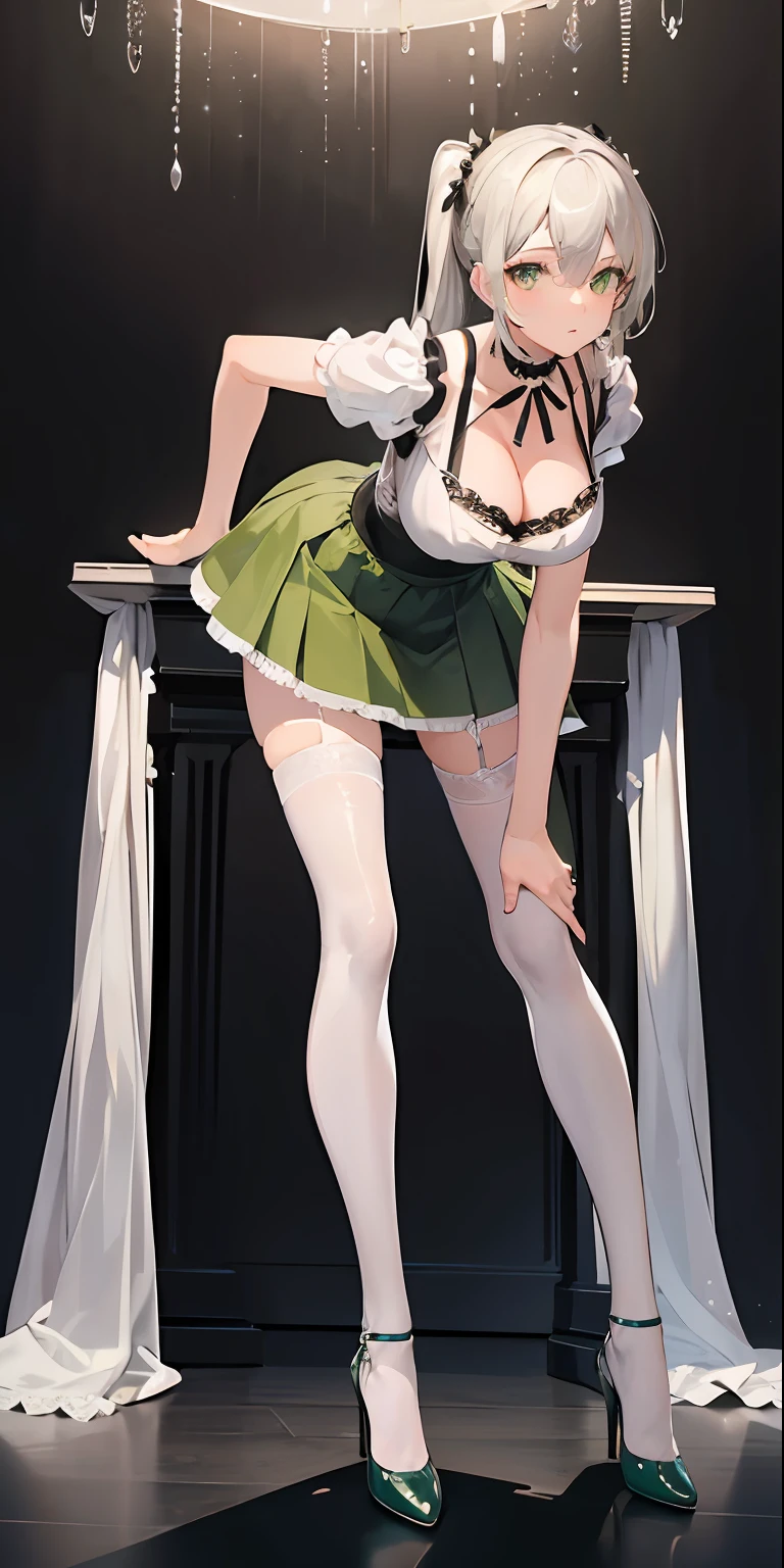 (masterpiece), best quality, perfect face, 1girl, mature woman, leaning forward, long grey hair, large breasts, hanging breasts, cleavage, narrow waist, ta, ultra short skirt, choker, very small shirt, green skirt, full body, white high heels, garters, lace stockings,long and slender legs, beautiful legs,erotic