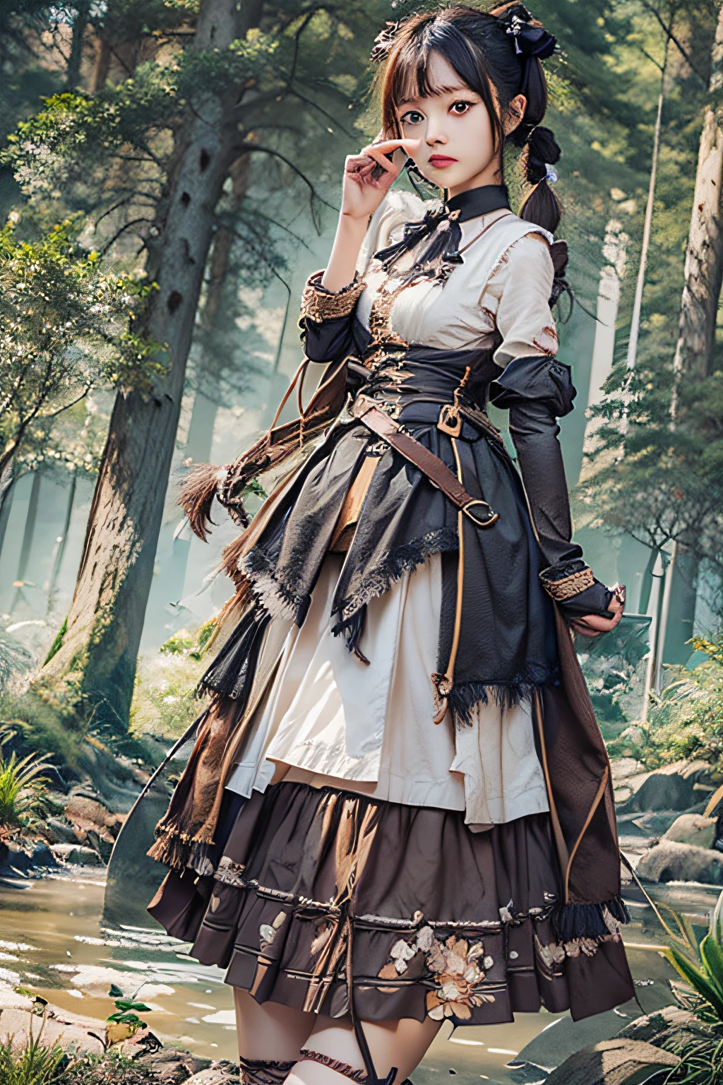 （tmasterpiece，best qualtiy：1.2），cowboy lens，big trees，1girll，Hide behind big trees，is shy，Crush，A small river behind a big tree，Hill Alencon，face expressionless，Keep your mouth shut，looking at viewert，（hand on own arm：1.2），Short twin tails，white  shirt，underbust，Fluffy long sleeves，a skirt，（Fingerless gloves：1.1）