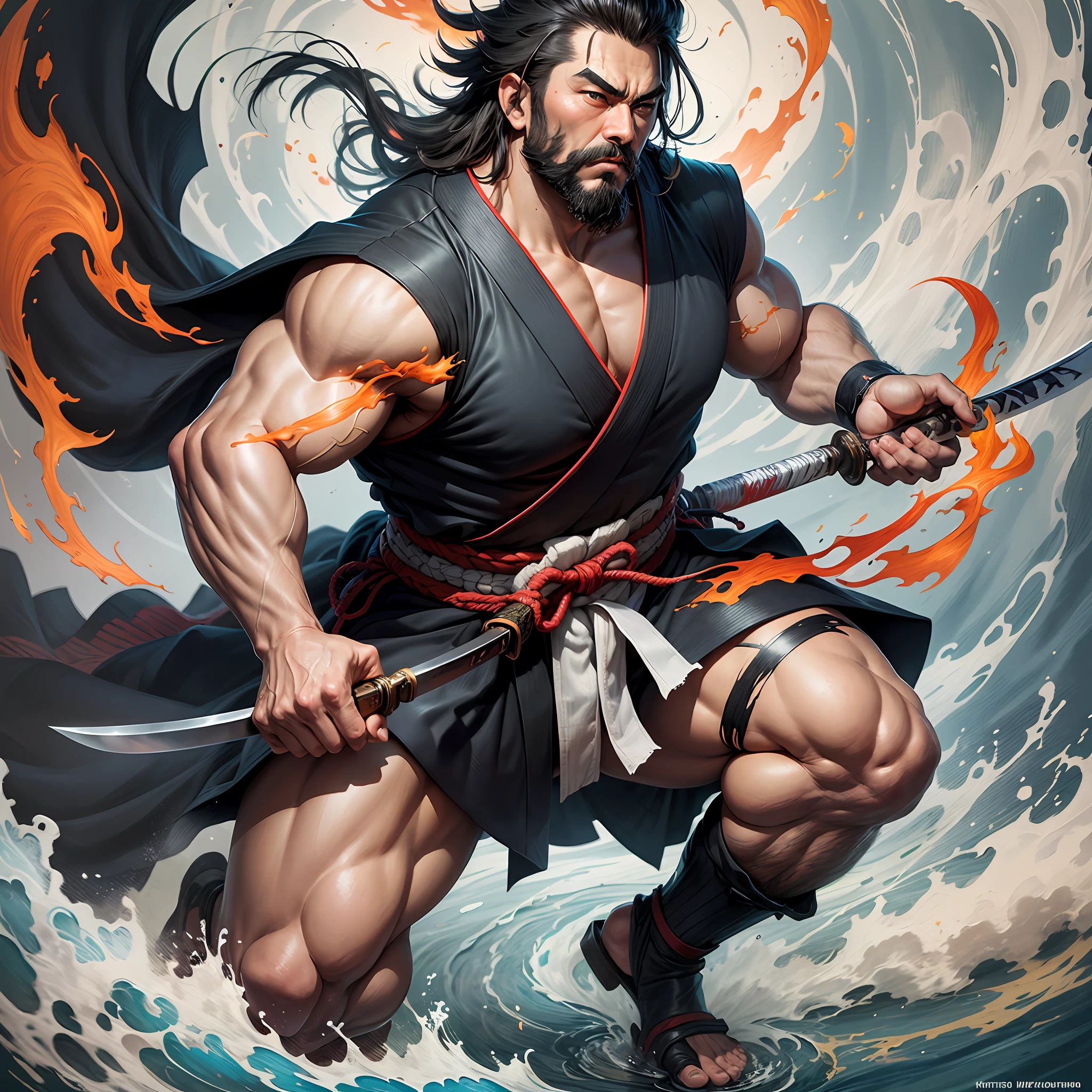 It is a full-body painting with natural colors in the style of ukiyo-e. Miyamoto Musashi is a Japan samurai with a large body like a strongman. He has a rough face, short black hair, and a short, trimmed beard. He is a righteous samurai who fights evil. He wears a black kimono. The hakama should be a little longer and draw in a flowing shape that flutters in the wind. He holds a sword in his right hand with flames coming out of his Japan sword. The background is a swirling flame in Katsushika Hokusai style. Masterpiece high-resolution ukiyo-e style, with the highest quality