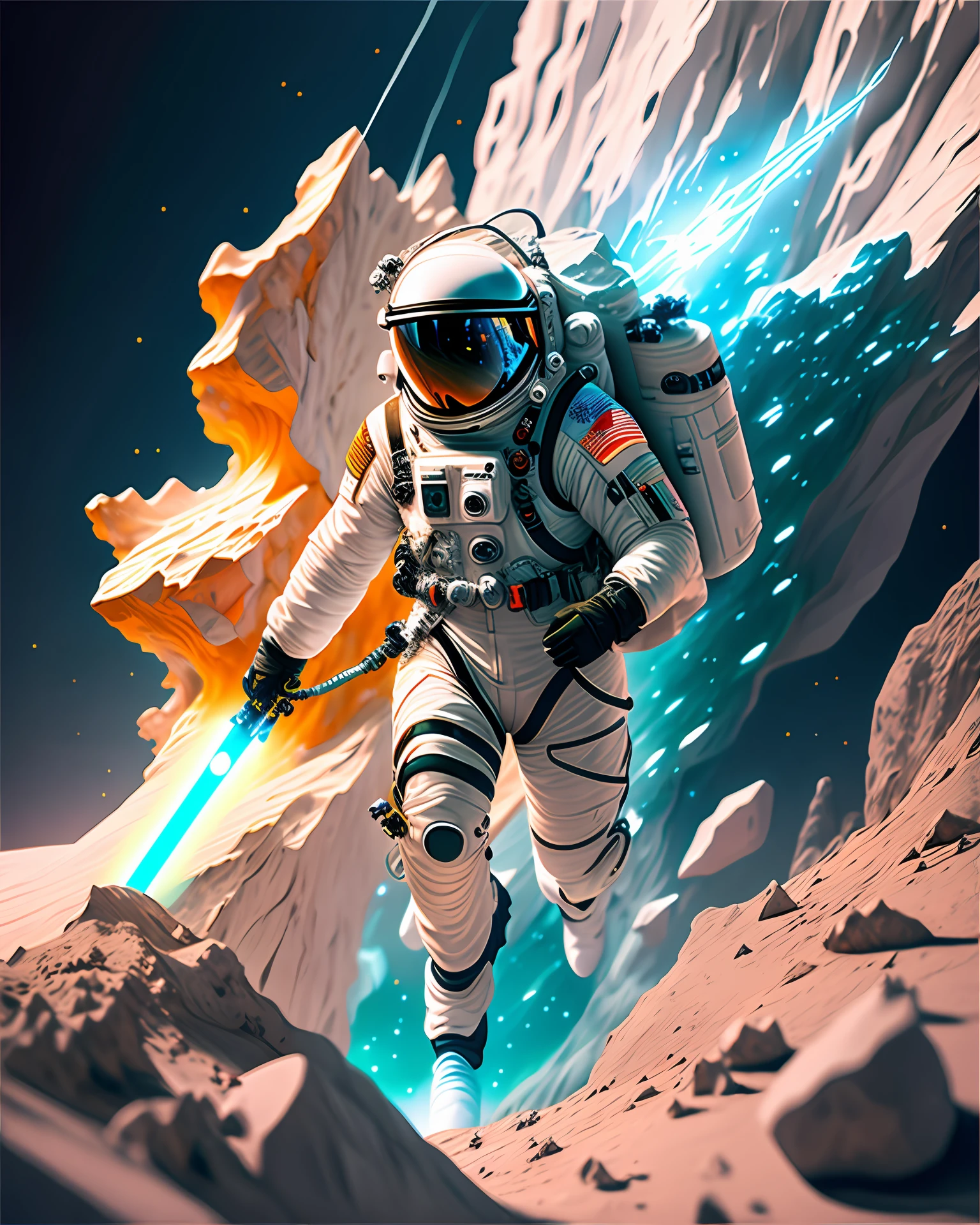 Astronaut with Lightsaber, climbing the asteroid, character render, ultra high quality model, ethereal background, abstract beauty, explosive volumetric, oil painting, heavy strokes, paint dripping HDR (High Dynamic Range) ,Ray Tracing, NVIDIA RTX, Super-Resolution, Unreal 5, Subsurface scattering, PBR Texturing