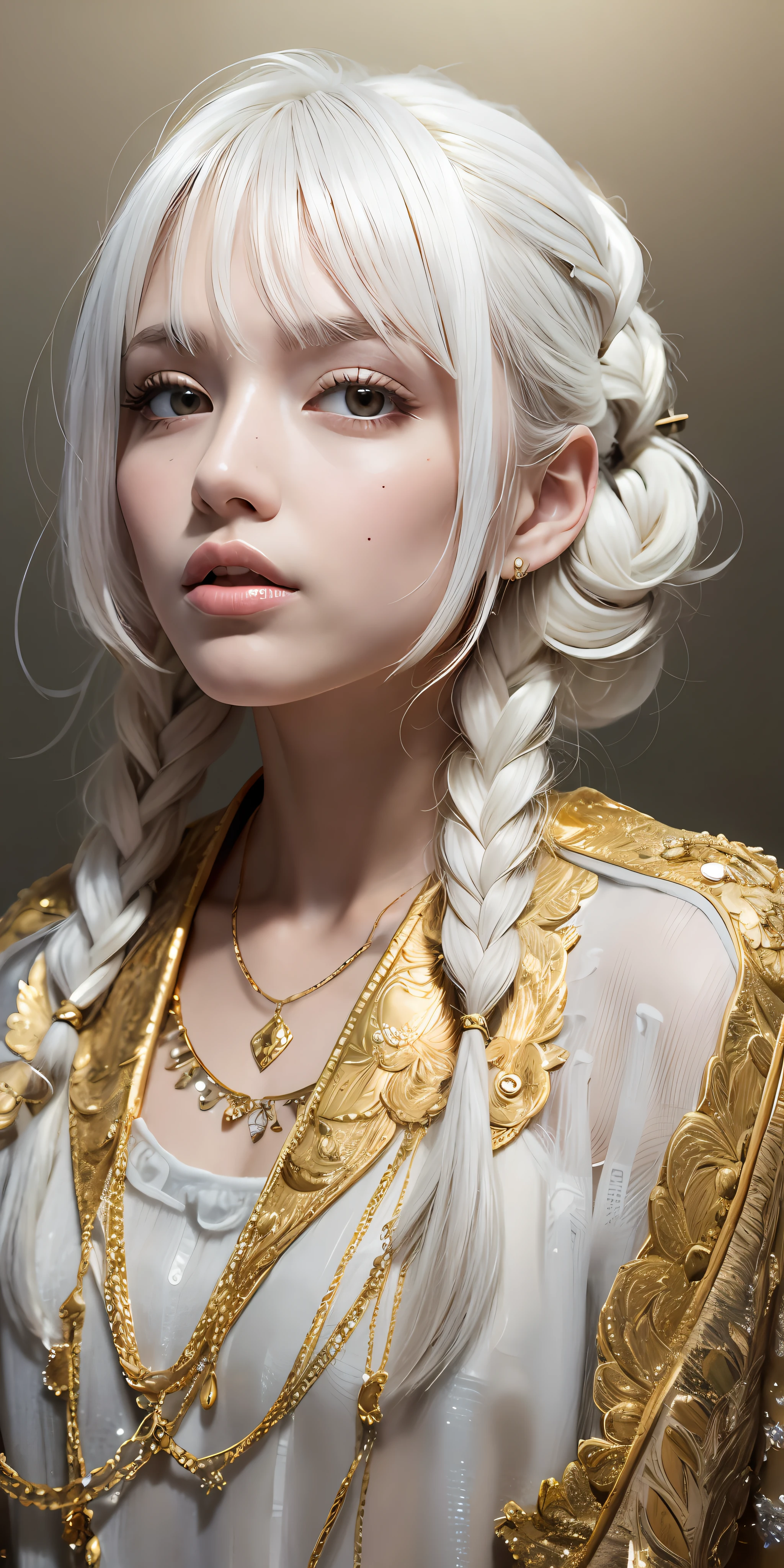 best quality, masterpiece,white hair, gold eyes,white clothes, looking up, upper body,hair strand,Fair skin,side braids