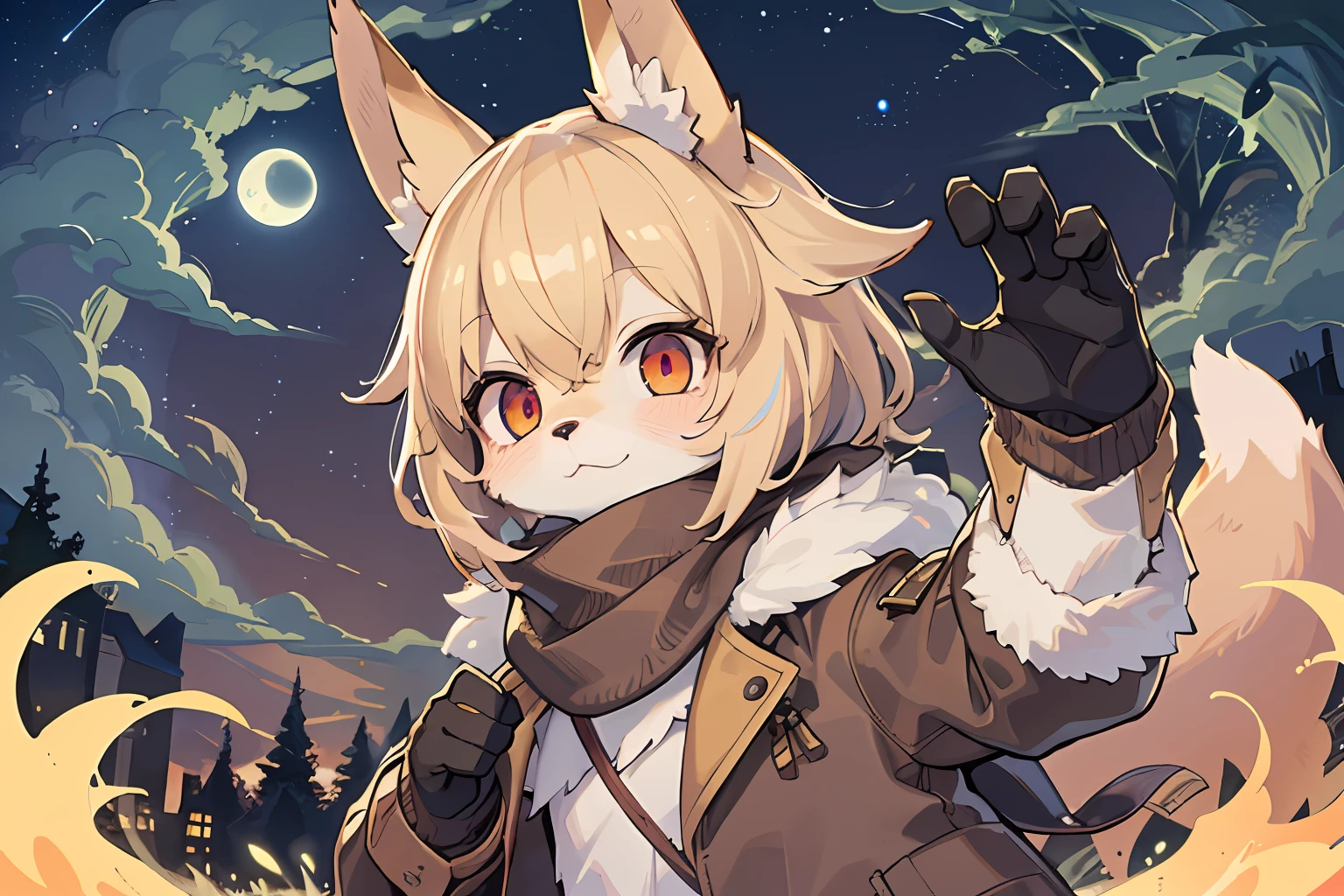 Fox Boy,Shota,hairy pubic,shaggy,Smoothes lashes,Skin fur,Golden fur,Short hair in men,Forelimb hands, solid circle eyes,Golden ears,Golden face fur , Short blonde hair,Red eyes,Super cute face,Brown elements on fur,Brown coat brown hood up,Star pattern T,glowing eyes,Ambient light,Ultra-fine fur,volumettic light,Night,natural lightting,fox tails,A tail,nevando,Night,A sky full of stars,meteors,full moon,By the lake,crossed bangs, Hairline, Shiny hair,Empty eyes,35mm,sharp talons。High quality, high detal, Best quality, hyper HD, Dark brown gloves,Star pattern scarf,individual,Single