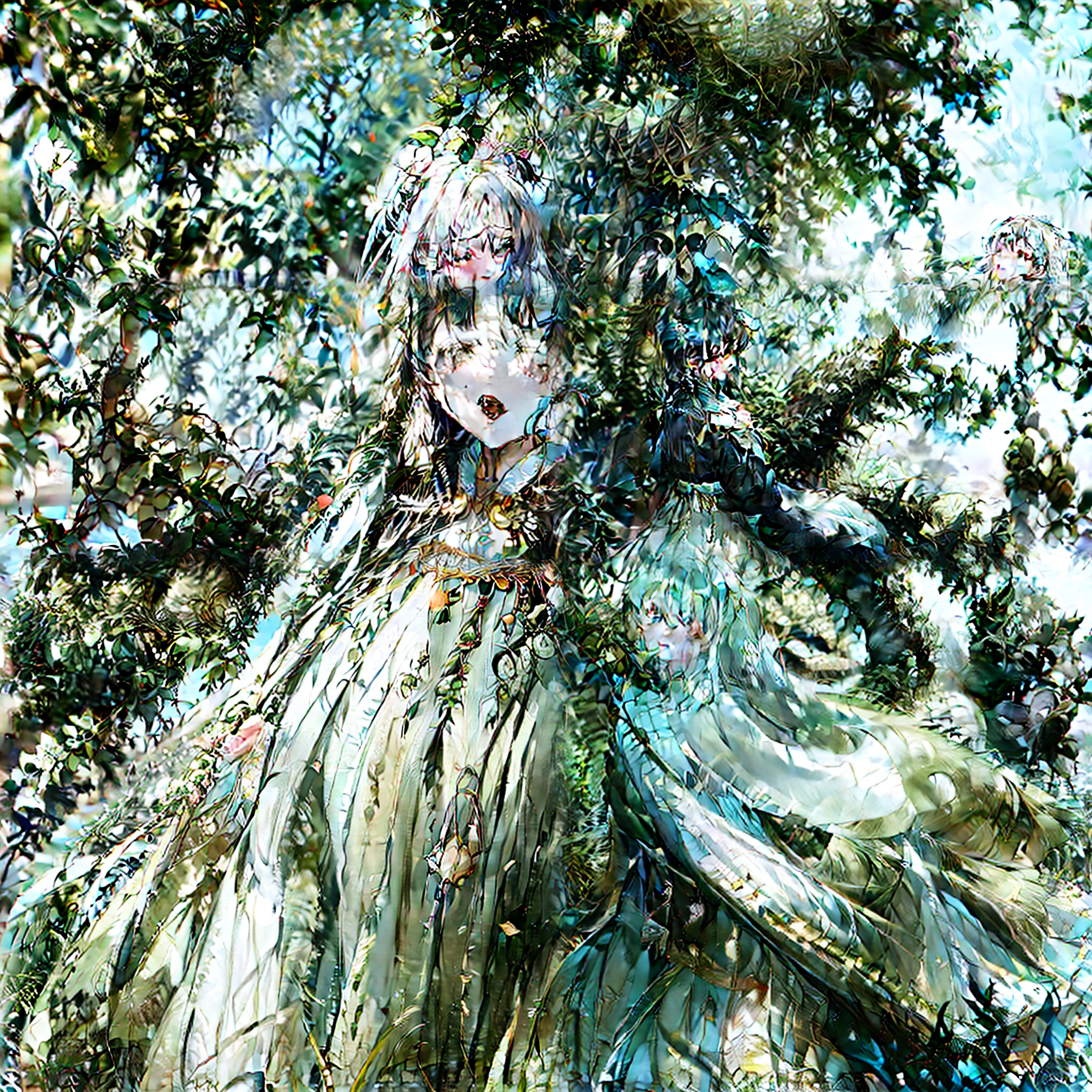 Painting of a woman in a green dress standing in a forest - SeaArt AI