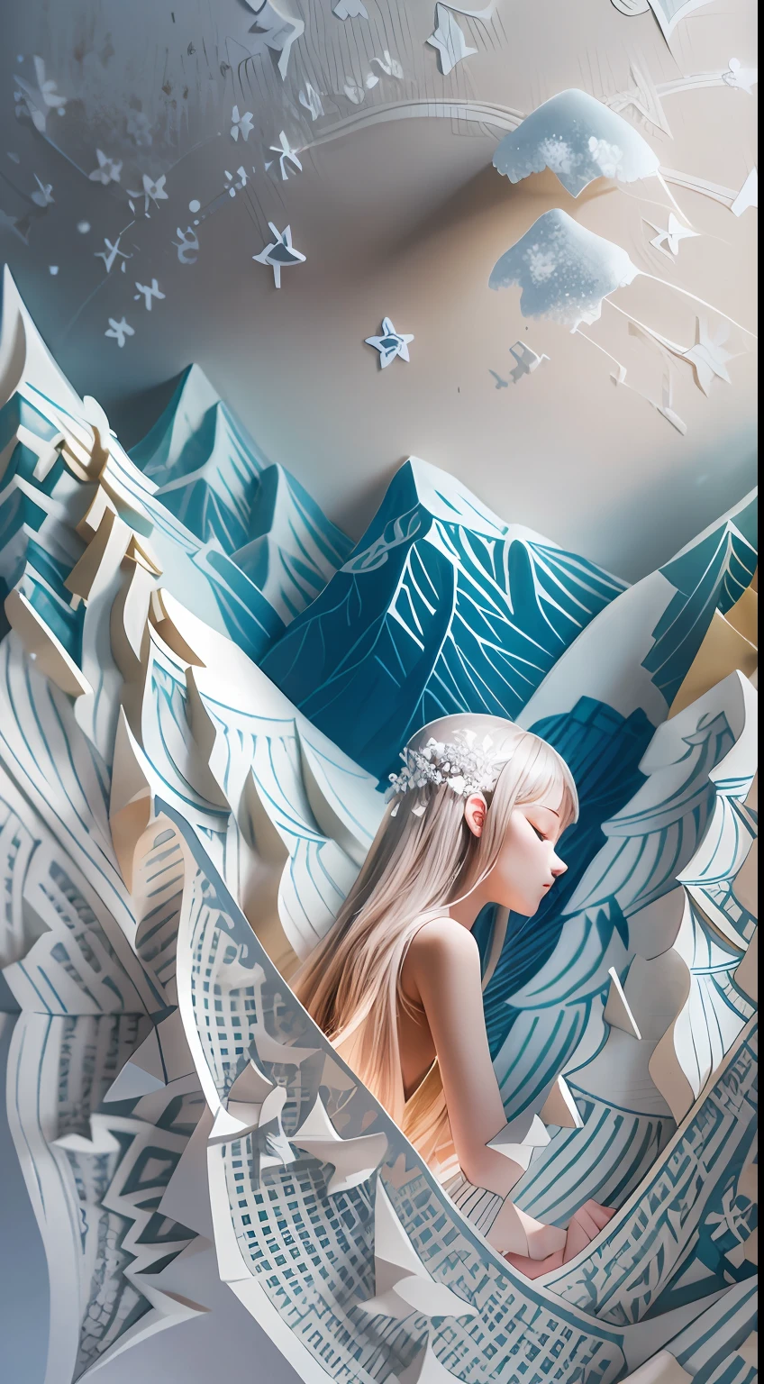 illustration: 1.3), paper art, 3D rendering of, snowy mountain background, (Beautiful side face,closing her eyes: 1.3), Colorful, Best quality, Detailed details, Masterpiece, offcial art, movie light effect, 4K, Chiaroscuro , Flash