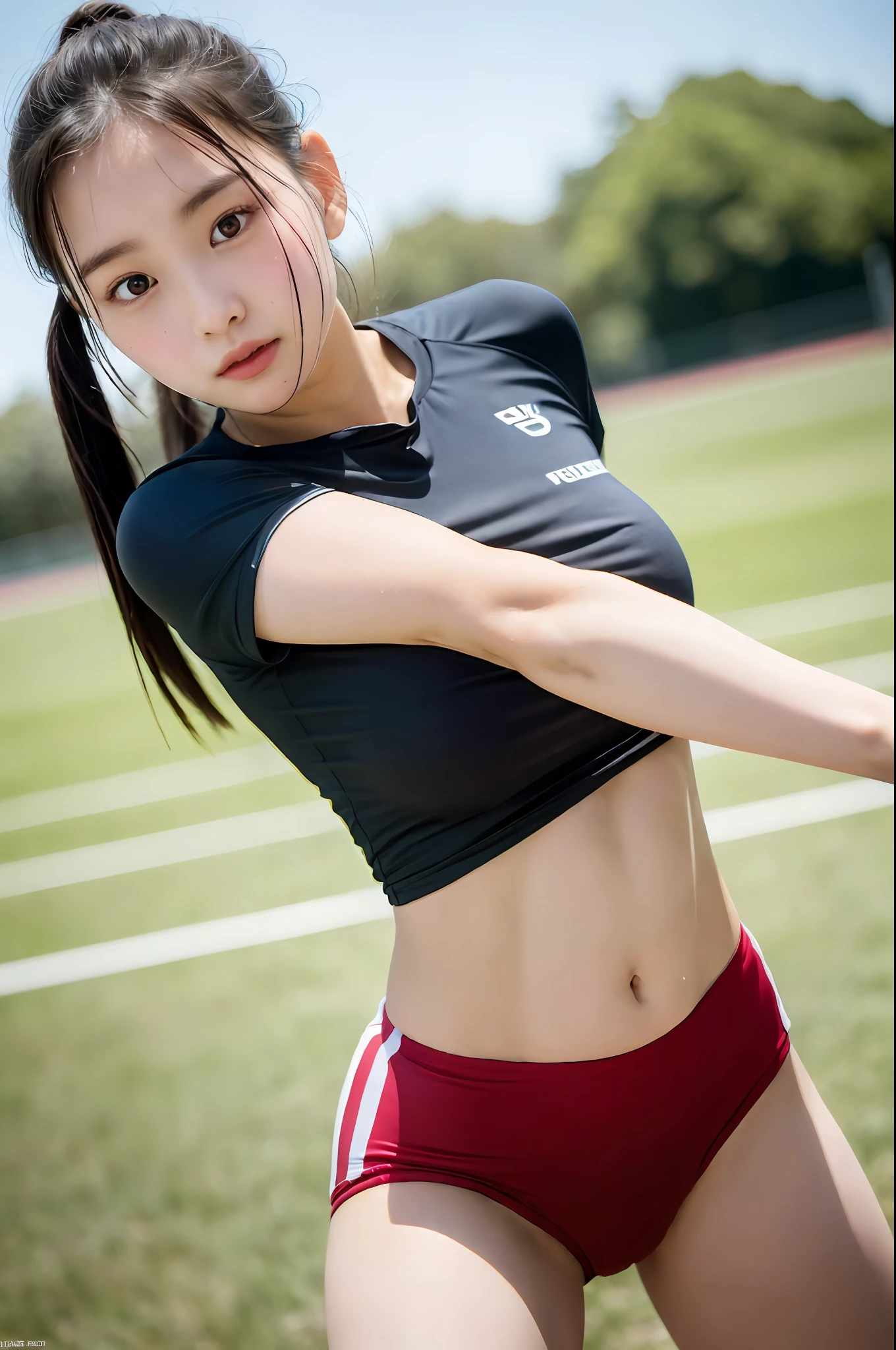 (((Sports, Short, Long, Running, Jogging, Marathon, Exercise, Athletics, Running, Running Posture, Running, Feeling of Galloping, Sweat, Sweat, Sweating Lots)))), ((Volley Uniform: 1.3, White, Red, Blue, Uniform: 1.3, Lower, Swaying, Hetero)), ((White, Red, Blue, Bloomers: 1.2, Low Rise)), (Athletics, Floating Hair NovaFrog Style, Floating Hair, Hair and Clothes That Flutter in the Wind, High School, Slender Abs: 1.2, Navel, Serious Look), (The shape of the pubic area is clearly visible)), Blushing, NSFW, 8k, RAW Photo: 1.2, (Best Quality: 1.4, Masterpiece: 1.4), Super Detail, Best Illustration, Ultra High Resolution, Portrait, Film Grain, 1girl, POV, Depth of Field, Photorealistic: 1.4, detailed hair, realistic hair, realistic lighting, realistic shadows, realistic clothing, realistic skin, natural skin texture, portrait: 0.6, light particles, lens flare, glowing particles: 0.6, bokeh: 1.2, clean: 1.8, professional lighting, photon mapping, radiosity, physically based rendering, incredibly absurd, Glossy skin, pale skin: 1.2, PureErosFace_v1: 0.7, fair skin: 1.1, round face: 1.5, mouth open, puffy eyes, purple eyes, double eyelids, egyosar: 1, floating hair, makeup, Japan girl, lovely thighs, shining thighs, shining legs