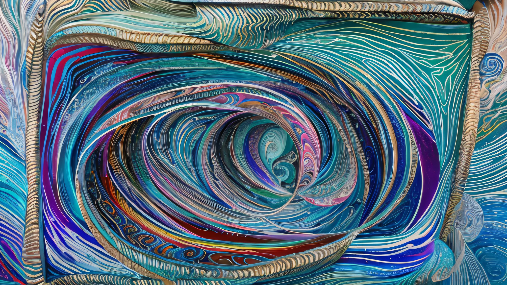 The whirlpool of the waves，There is a submarine in the center, Whirlpools and phyllodes, Spiral lines, fine swirling lines, curvilinear pencil marks, scratchy lines, swirles, lots of swirling, swirly ripples, Eddy current, Chalk painting, an abstract drawing, Infinite hieroglyphic waves, swirling scene