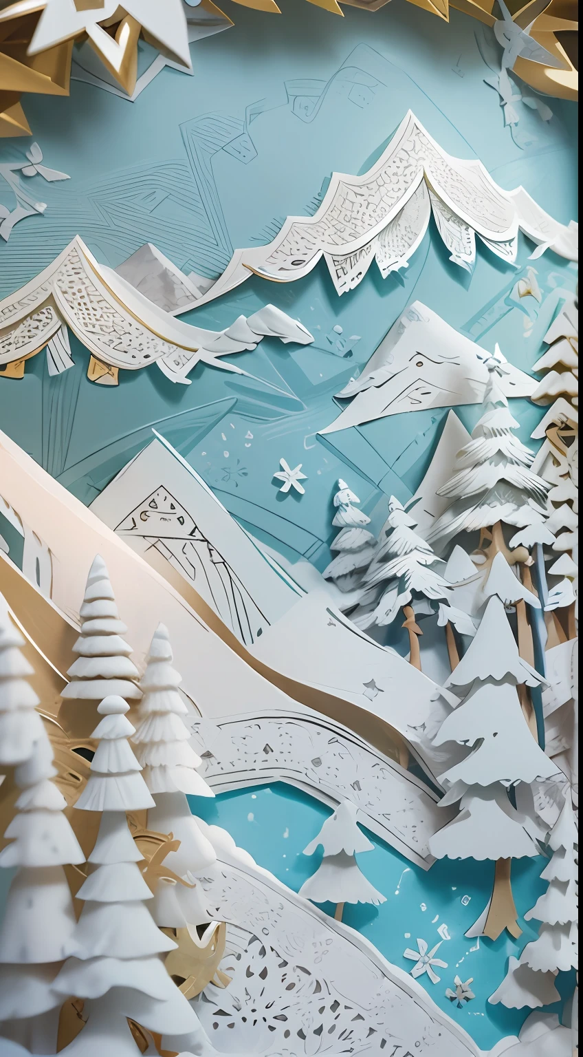 illustration: 1.3), paper art, 3D rendering of, snowy mountain background, (Beautiful side face，closing her eyes: 1.3), Colorful, Best quality, Detailed details, Masterpiece, offcial art, movie light effect, 4K, Chiaroscuro , Flash