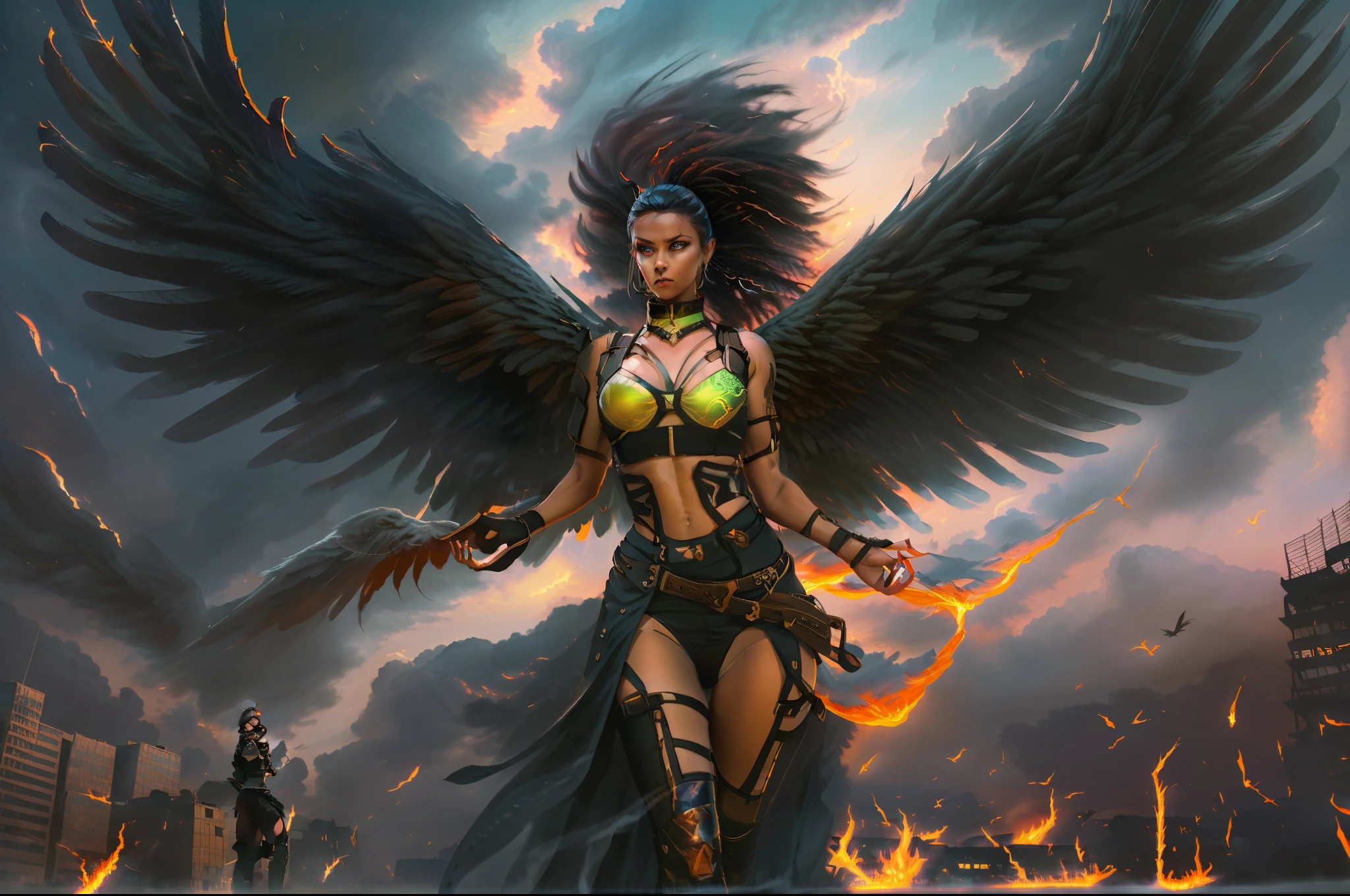 ((Female Fallen Angel sexy)), with ((burning wings of fire)), descending from a ((sky of soft, billowing clouds)) and a ((dark burning cityscape at night)). Her ((strong physique)) and ((glowing eyes)) reveal her nature as a ((heavenly warrior)), and her ((mixed-race features)) add an aura of mystery and beauty. Her ((short military haircut)) denotes her determination in her epic battles. It is a scene both ((majestic)) and ((supernatural)), combining elements of ((fantasy)) with an epic touch. The image is filled with ((vibrant colors)) that contrast with the ((dark tones)) of the burning city and the soft clouds in the sky, evoking a sense of power and transcendental strength.