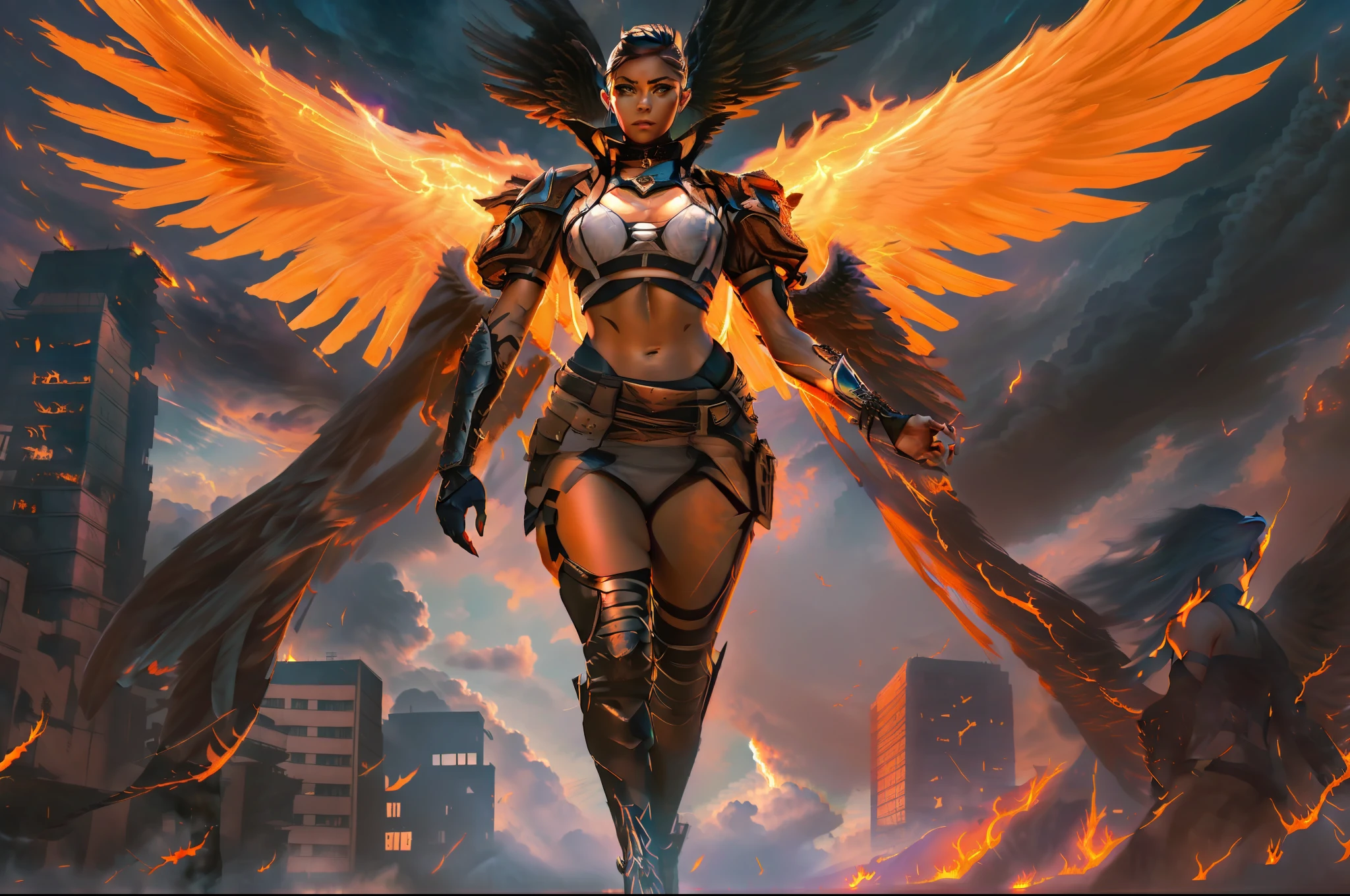 ((Female Fallen Angel sexy)), with ((burning wings of fire)), descending from a ((sky of soft, billowing clouds)) and a ((dark burning cityscape at night)). Her ((strong physique)) and ((glowing eyes)) reveal her nature as a ((heavenly warrior)), and her ((mixed-race features)) add an aura of mystery and beauty. Her ((short military haircut)) denotes her determination in her epic battles. It is a scene both ((majestic)) and ((supernatural)), combining elements of ((fantasy)) with an epic touch. The image is filled with ((vibrant colors)) that contrast with the ((dark tones)) of the burning city and the soft clouds in the sky, evoking a sense of power and transcendental strength.