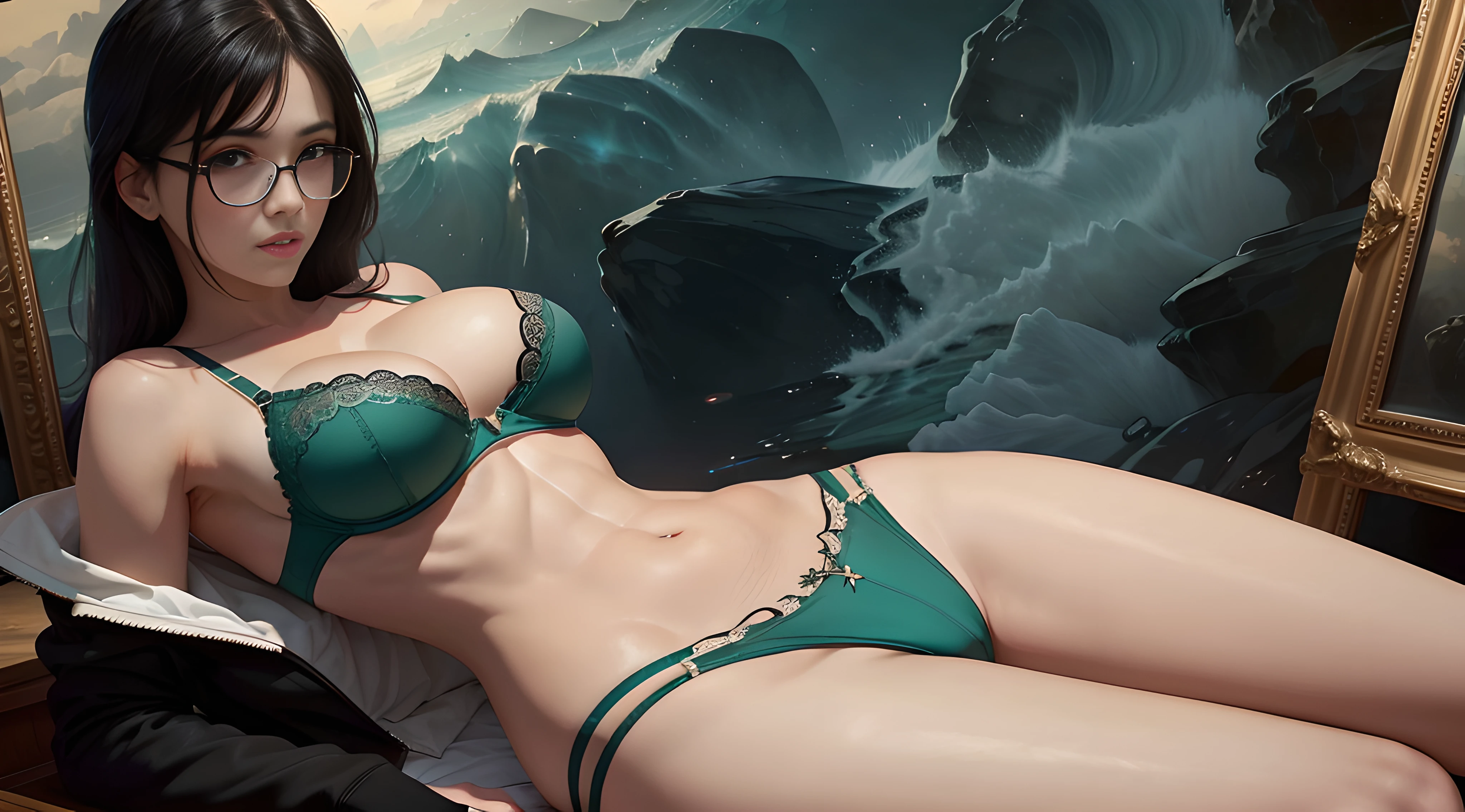 Belly button tattoo,wears glasses,large tities,Green bra, Red briefs, Black hair, Genre painting, tachi-e, Masterpiece, Best quality, 16k --auto