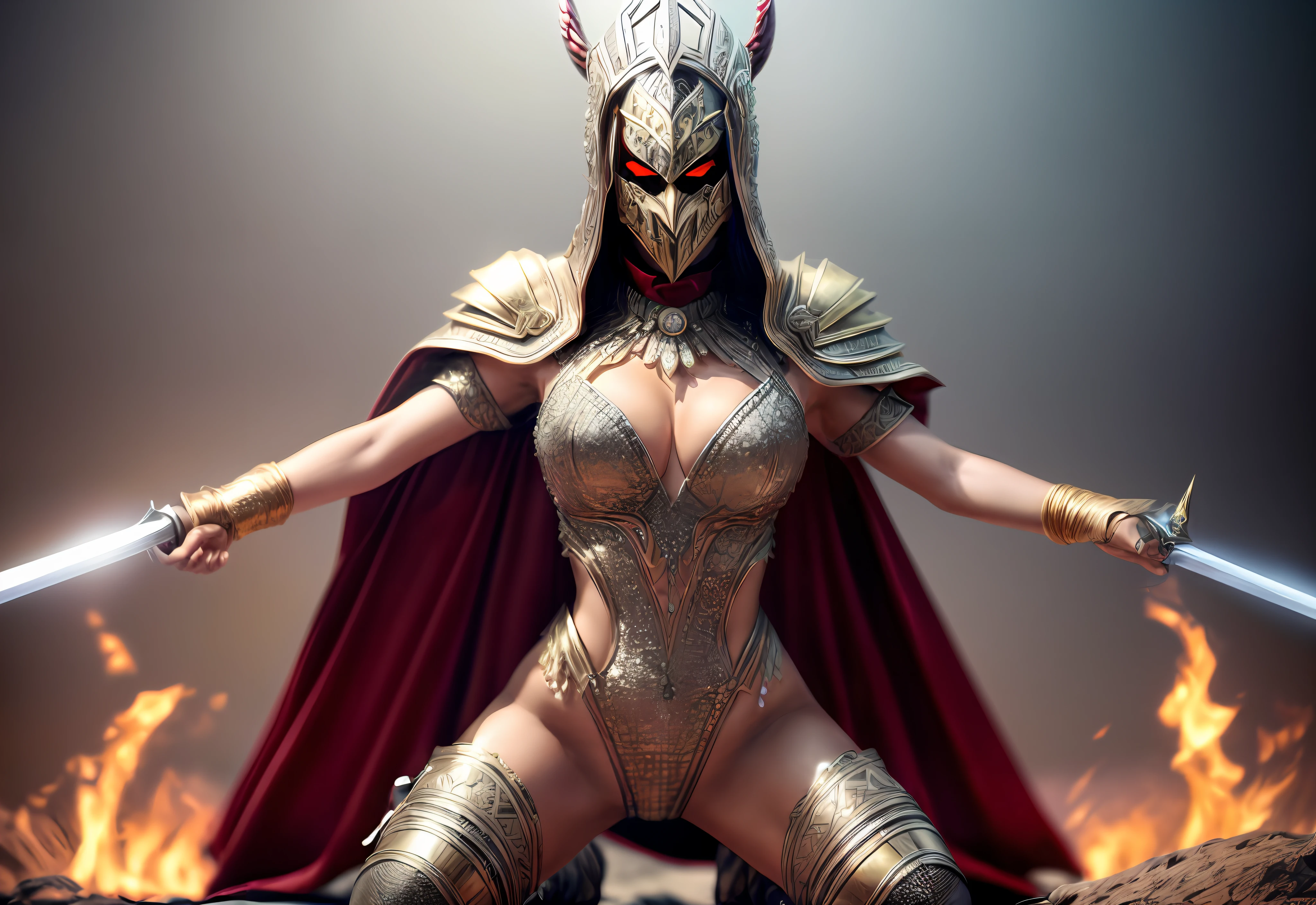 Replace the face with A demon oni mask, black and gold with glowing purple eyes