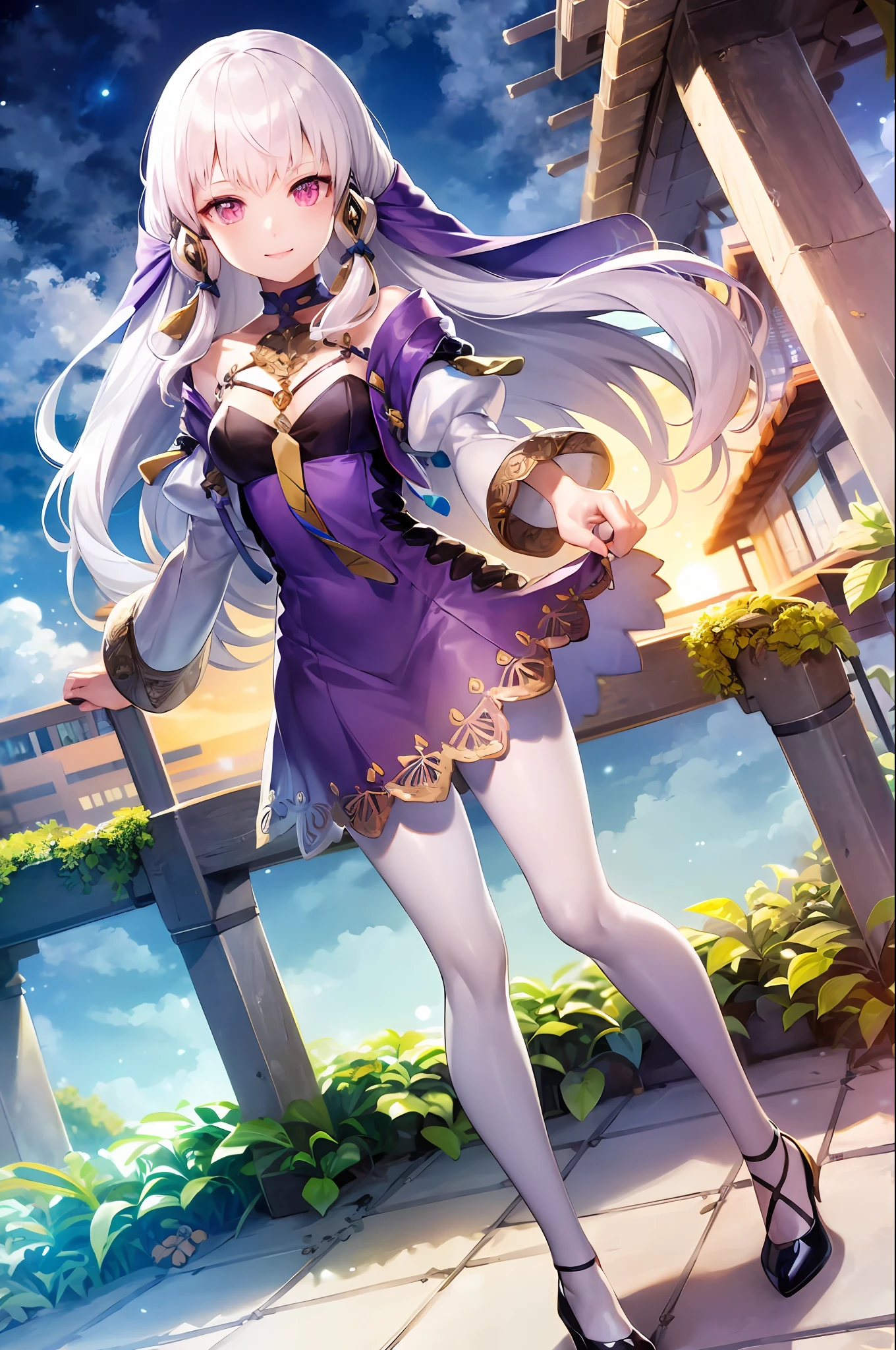 (extremely detailed CG unity 8k wallpaper), (best quality), (ultra-detailed), 1girl, lysitheafe, school, sun, sky,hair ornament, long sleeves, purple dress, white pantyhose, acessories, heels, standing, smiling,