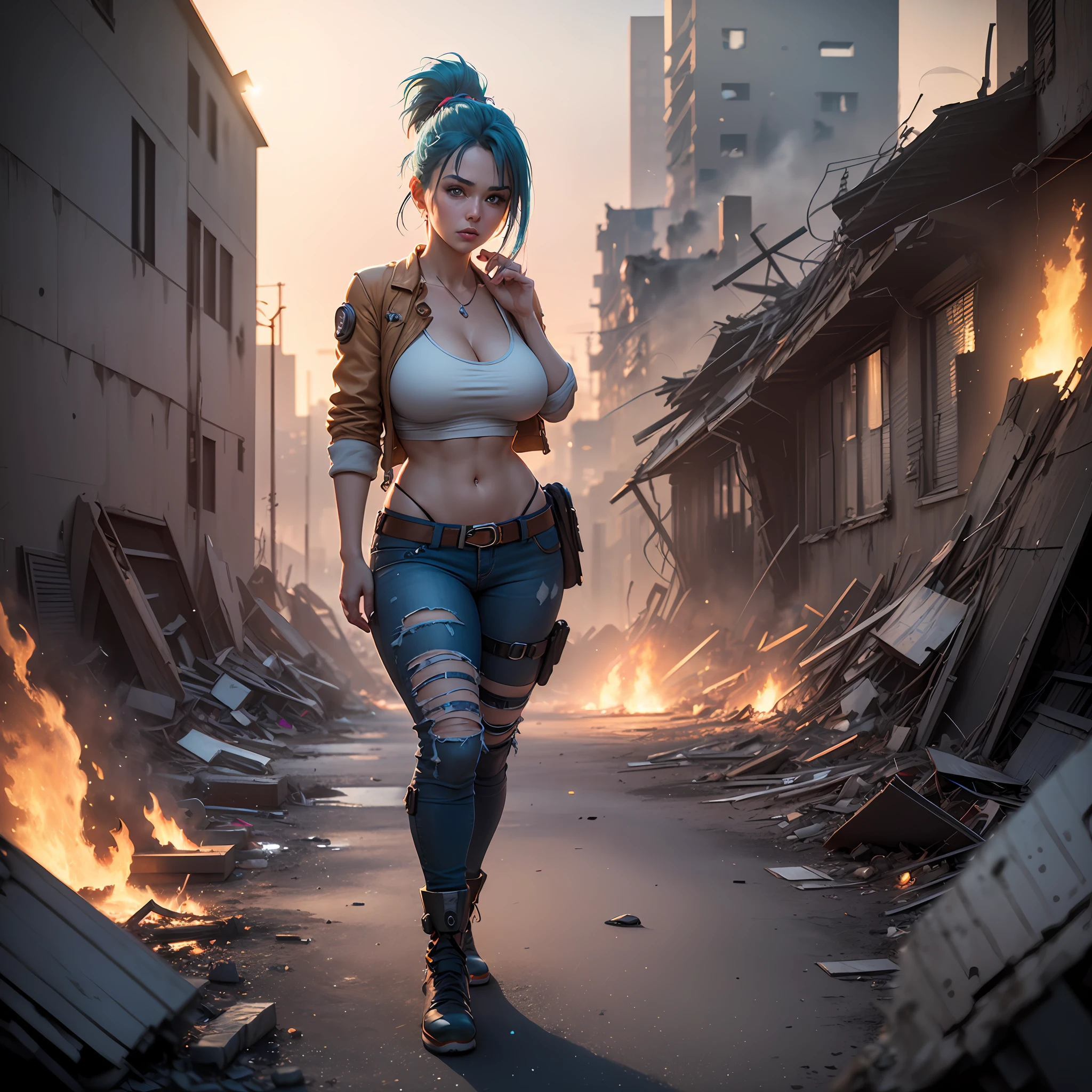 Bulma, dragon ball, sexy, busty, cleavage, massive breasts, perfect background perfect hands perfect fingers perfect breasts perfect hair perfect face perfect body perfect image((best quality)), ((masterpiece)), ((realistic)), (detailed), (Photorealistic (thick body) looking at viewer, casual pose natural pose, post apocalyptic, destroyed city background, buildings on fire, hdr, ray tracing, nvidia rtx, super-resolution, unreal 5, subsurface scattering, pbr texturing, post-processing, anisotropic filtering, depth of field, maximum clarity and sharpness, rule of thirds, 8k raw, (luminescent particles:1.4), (extremely detailed cg, unity 8k wallpaper, 3d, cinematic lighting, lens flare), reflections, sharp focus --auto