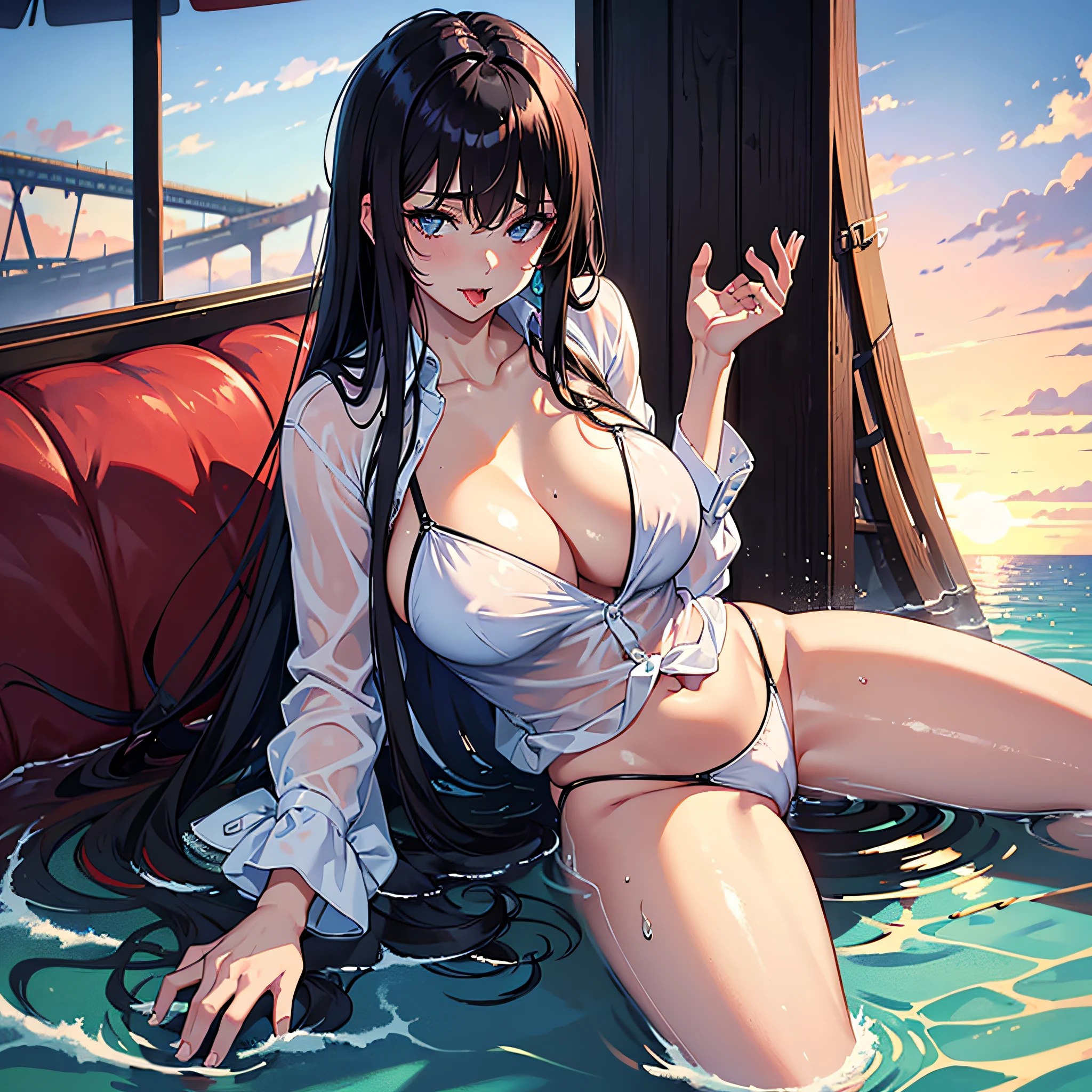 Jeizuo, Awesome, peeping at the viewer, Realistis, The whole body is in the shot, on the lap, squatt, brunette color hair, rnlong hair, thorough, large tall, Force real water, White less cloth transparent mini shirt, White transparent thong, beachside, RAWE is very detailed, ahegao, rolls his eyes, Be red in the face, Water runs in the mouth, Sticky tongue, Leucorrhoea, very Bigger breasts, Grasp your breasts with both hands,spread their legs, sexually arousing, sexual expressio, Glossy glossy skin --auto