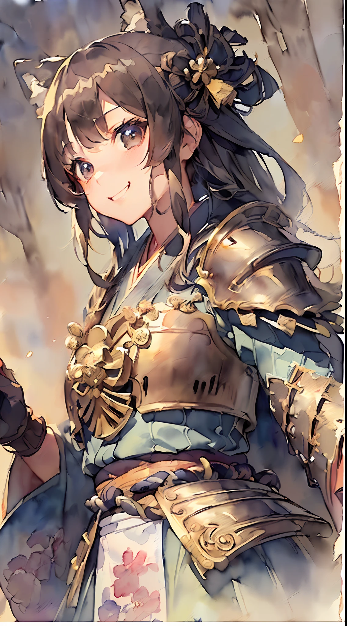 「(8k wallpaper:1.5)、(high-level image quality:1.3)、(animesque, watercolor paiting:1.5)、(girl with、独奏、cute little:1.8)、(beatiful detailed eyes:1.5 )、(huge smile:1.5)、（low angles:1.2)、(s Armor、kimono:1.5)、(battle field、Sengoku:1.3)、(sepia, gradients:1.5)」