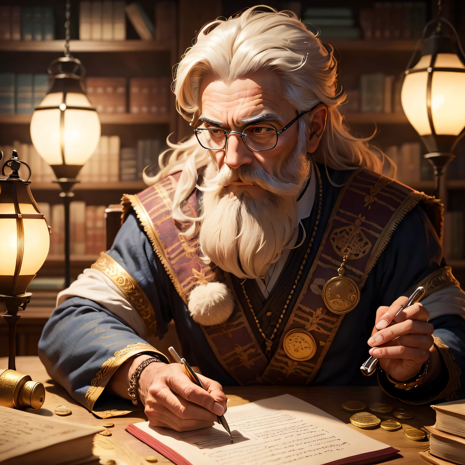 a wise philosopher, velho com barba branca longa, pensativo e compenetrado, counting gold coins sitting at a table full of high-definition details, in a setting of ancient books and scrolls, environment of mystery and dim light. --auto