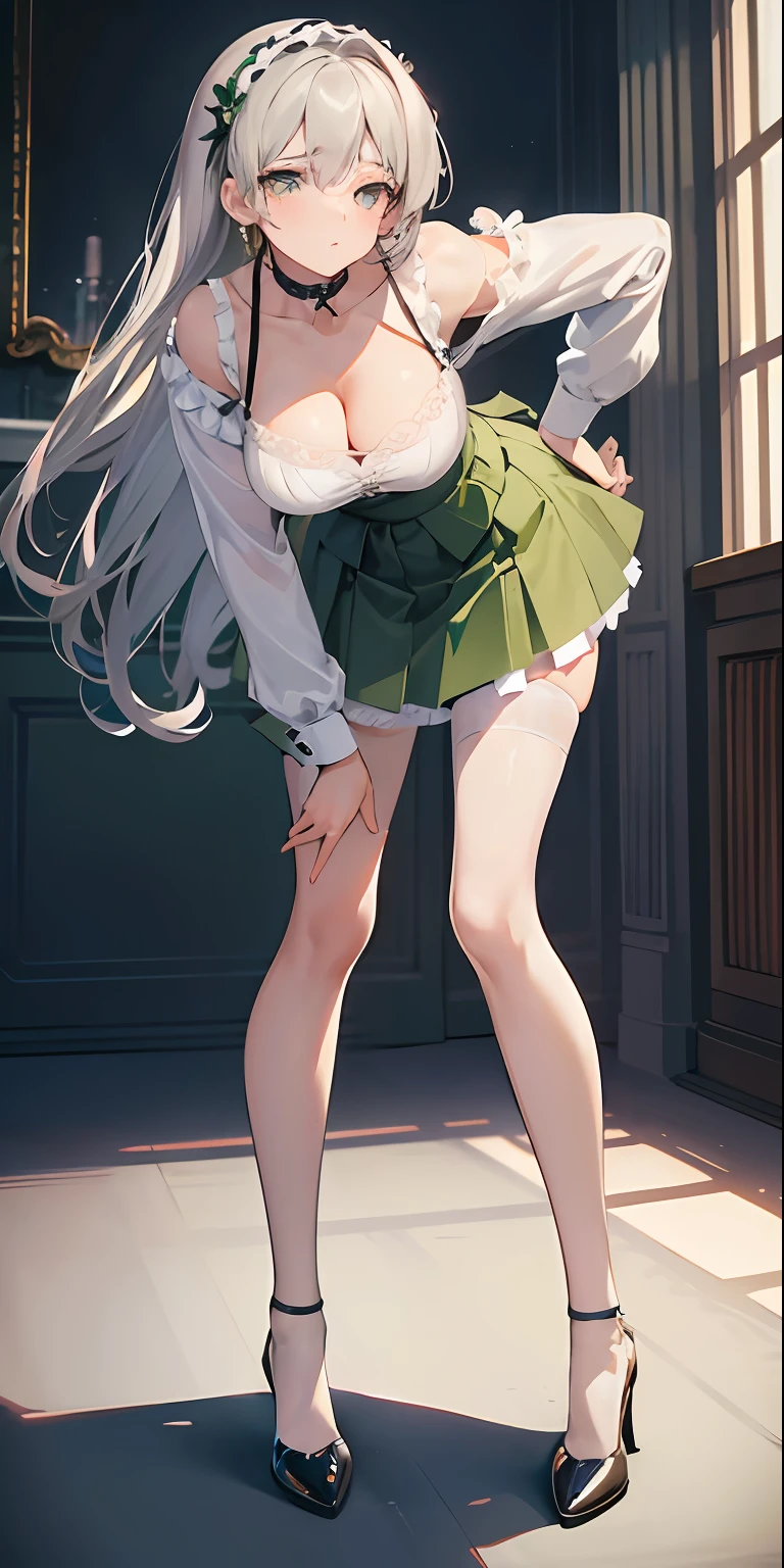 (masterpiece), best quality, perfect face, 1girl, mature woman, leaning forward, long grey hair, large breasts, hanging breasts, cleavage, narrow waist, ta, ((ultra short skirt:1.2)), choker, very small shirt, green skirt, full body, white high heels, garters, lace stockings,long and slender legs, beautiful legs,erotic