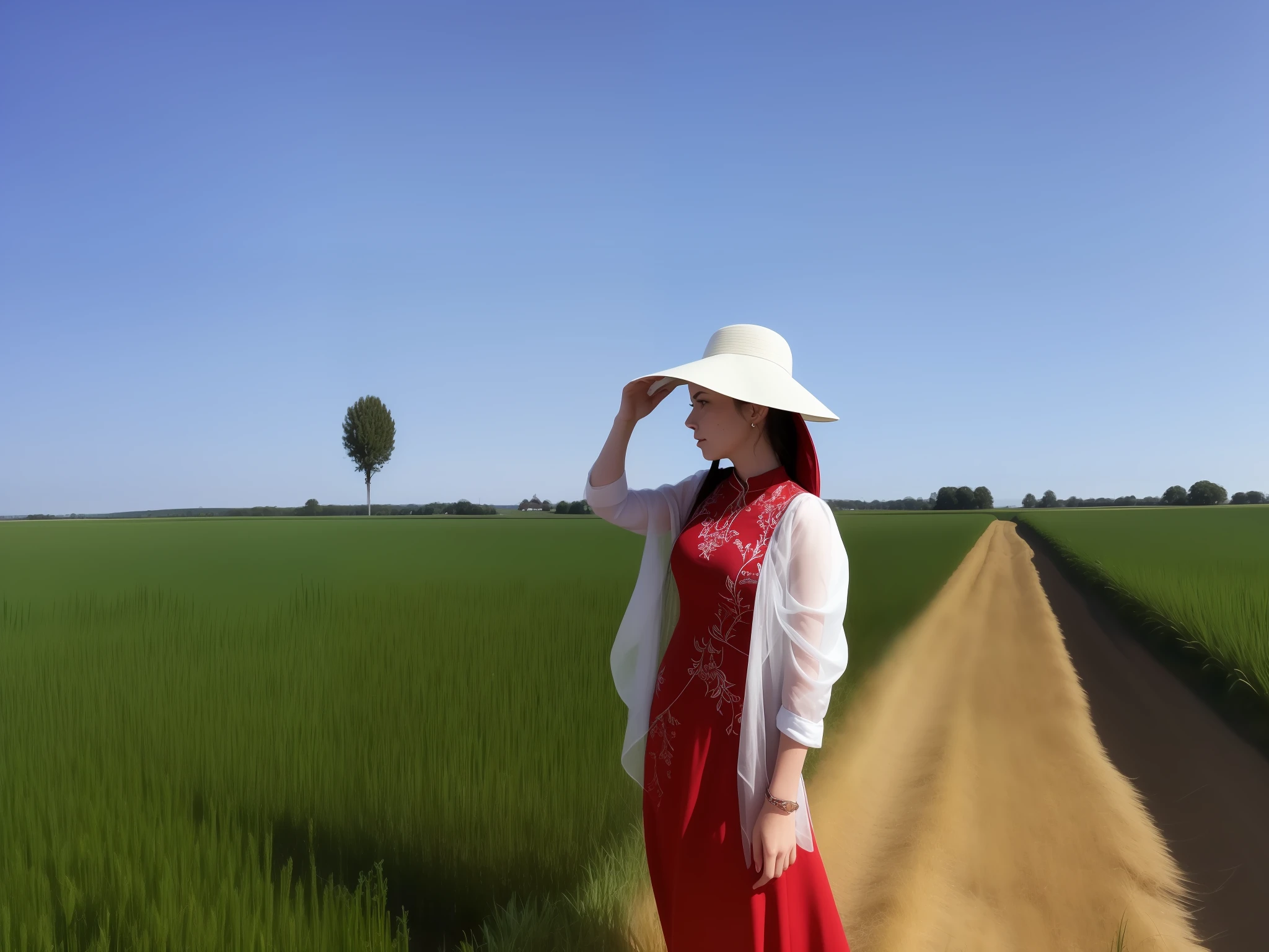 Arad woman in a red dress and white hat standing in the field, shot on nikon d 3 2 0 0, in a field, in field high resolution, in a wheat field, looking at the distance, standing in a field, looking towards the horizon, wide portrait, walking in the wheat field, Photo taken with Nikon D750
