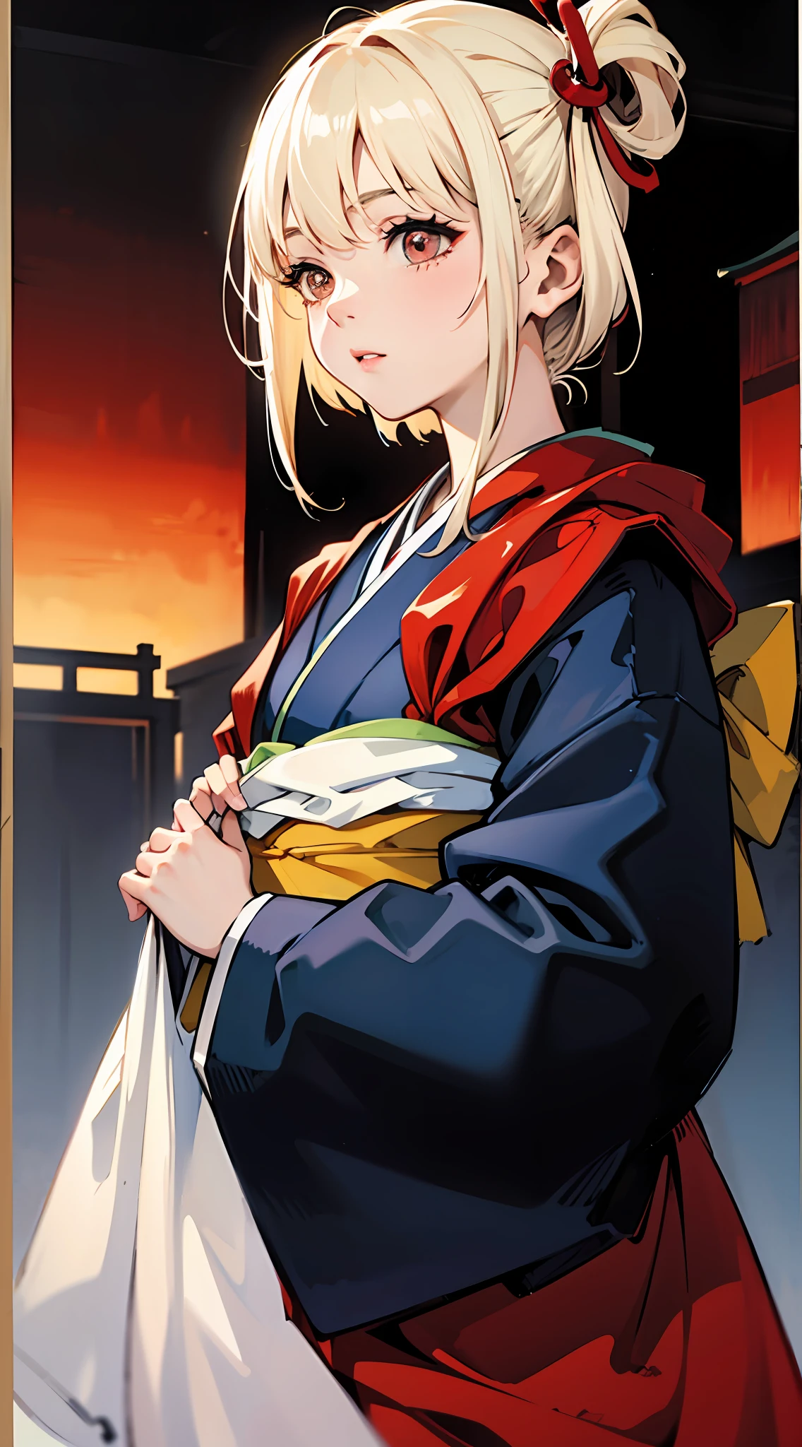 (masutepiece:1.3、8K、), Realistic epic、Cinematic lighting、absurderes, 超A high resolution, Highly detailed , 细致背景、NSFW、 ArtGerm、Ink splash、Highly colored、ukiyoe painting、Color wash、 Highlight、Outstanding lighting、The most amazing effects、Winters、snow cover、Plaster walls、gate、pine trees、a street、the morning sun、Japan kimono、(shawls:1.2)、1girl in、Blunt bangs、face perfect、Red and white as the main colors、